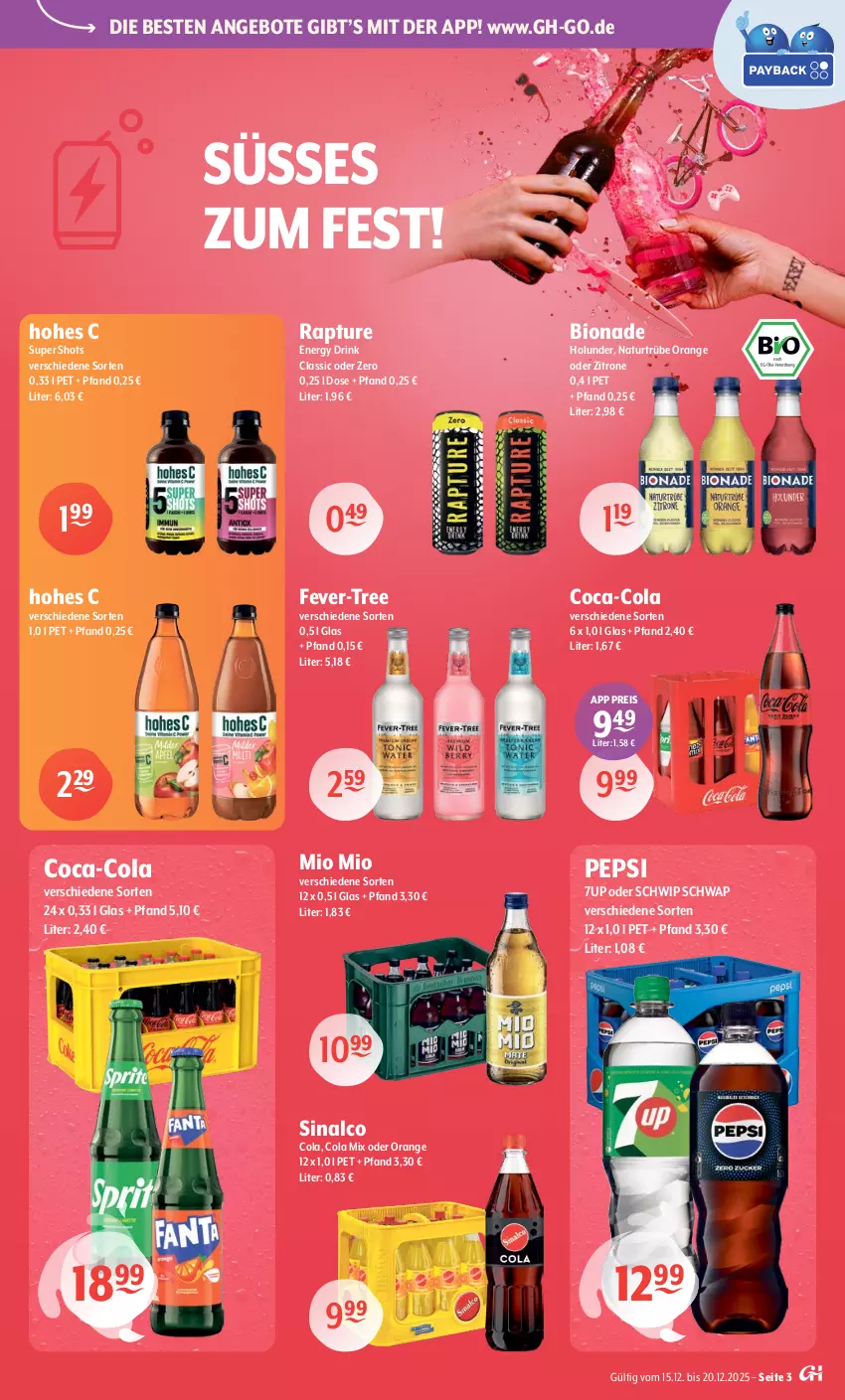 Aktueller Prospekt Getraenke Hoffmann - Prospekte - von 15.12 bis 20.12.2025 - strona 3 - produkty: 7UP, angebot, angebote, bio, bionade, coca-cola, cola, drink, eis, energy drink, fever-tree, Hohes C, holunder, Mio Mio, natur, orange, pepsi, reis, Schwip Schwap, sinalco, Ti, zitrone