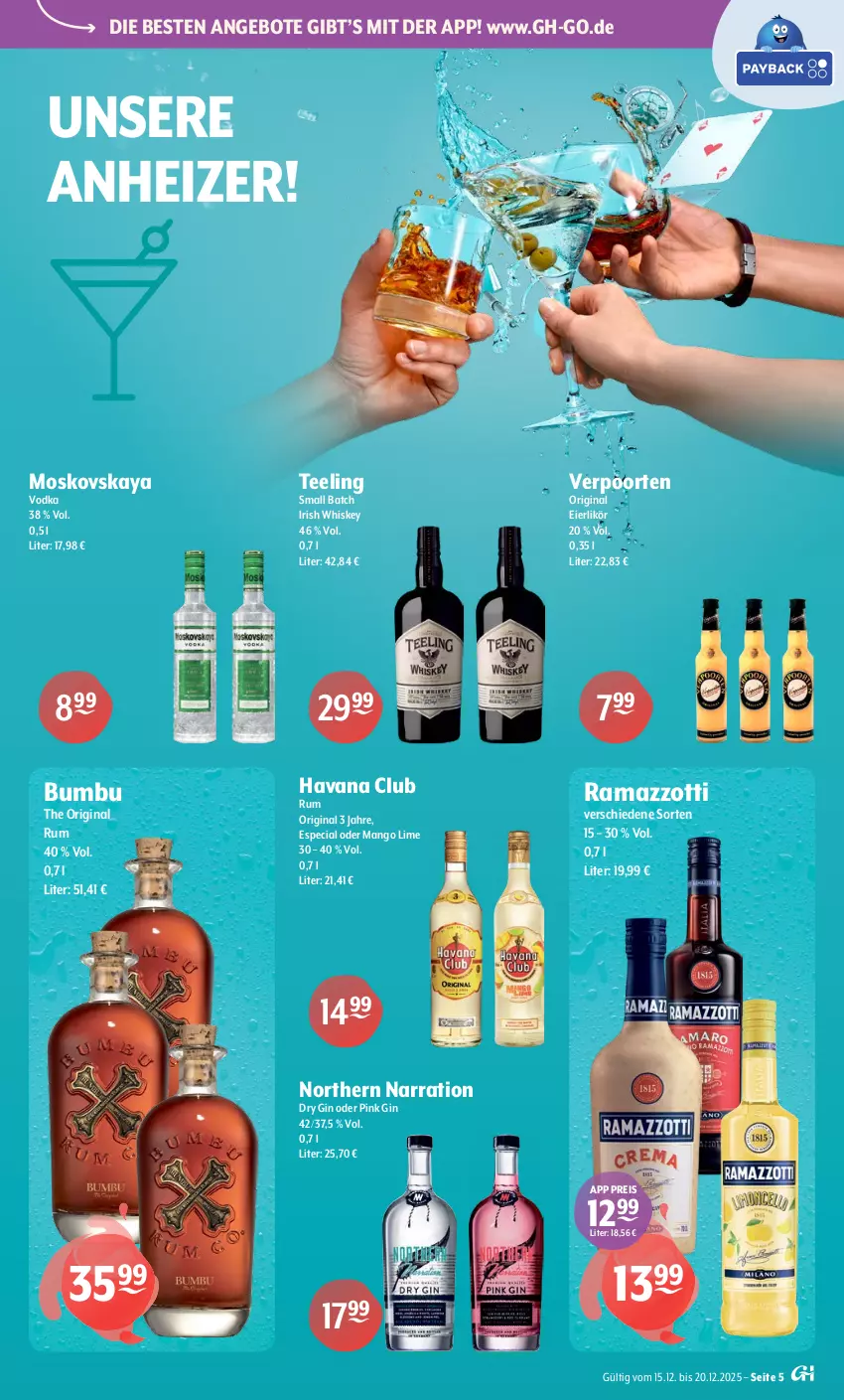 Aktueller Prospekt Getraenke Hoffmann - Prospekte - von 15.12 bis 20.12.2025 - strona 5 - produkty: angebot, angebote, Bumbu, dry gin, eier, eierlikör, eis, gin, Havana Club, irish whiskey, likör, mango, moskovskaya, rama, ramazzott, ramazzotti, reis, rum, tee, Ti, verpoorten, vodka, whiskey, zott