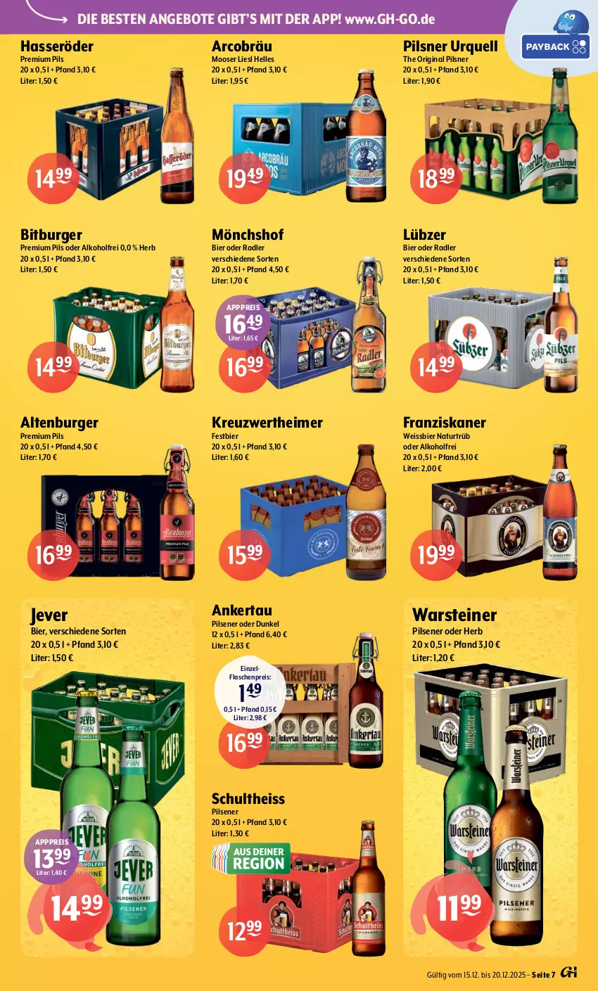 Aktueller Prospekt Getraenke Hoffmann - Prospekte - von 15.12 bis 20.12.2025 - strona 7 - produkty: alkohol, altenburger, angebot, angebote, bier, bitburger, burger, eimer, eis, elle, flasche, franziskaner, gin, hasseröder, jever, Lübzer, mönchshof, natur, oder radler, pils, pilsener, pilsner, pilsner urquell, premium pils, radler, reis, Schultheiss, steiner, Ti, warsteiner, weissbier