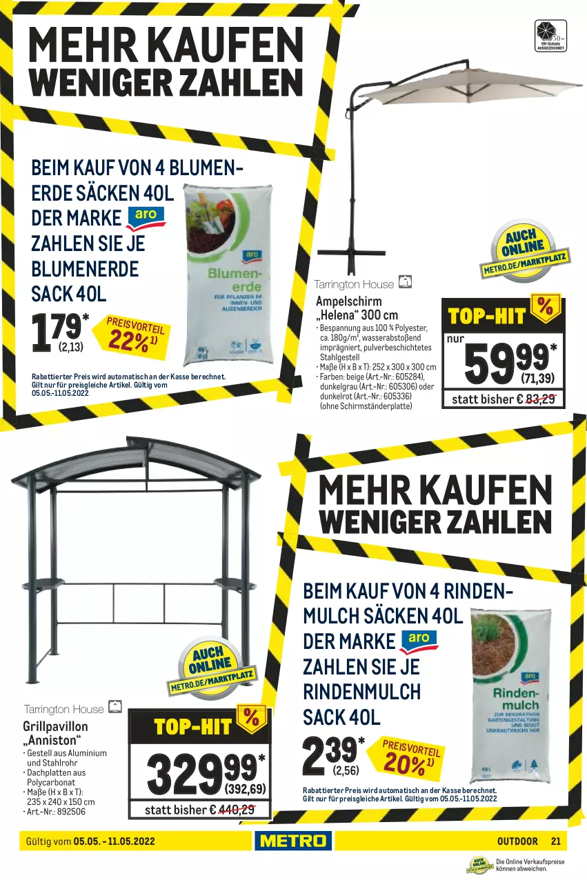 Aktueller Prospekt Metro - NonFood - von 05.05 bis 11.05.2022 - strona 21 - produkty: ampelschirm, auto, blume, blumen, blumenerde, Bona, eis, erde, grill, Grillpavillon, HP, latte, LG, pavillon, reis, rind, rindenmulch, sac, schirmständer, Ti, tisch, wasser