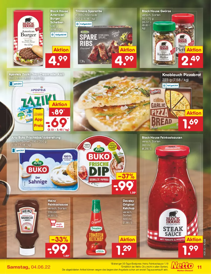 Aktueller Prospekt Netto Marken-Discount - Filial-Angebote - von 30.05 bis 04.06.2022 - strona 11 - produkty: aioli, angebot, apostels, arla, arla buko, bestpreis, brot, Buko, burger, develey, eis, feinkost, frischkäse, gin, heinz, Käse, ketchup, knoblauch, marinade, pizza, reis, sauce, saucen, sour cream, spareribs, Ti, zaziki, ZTE