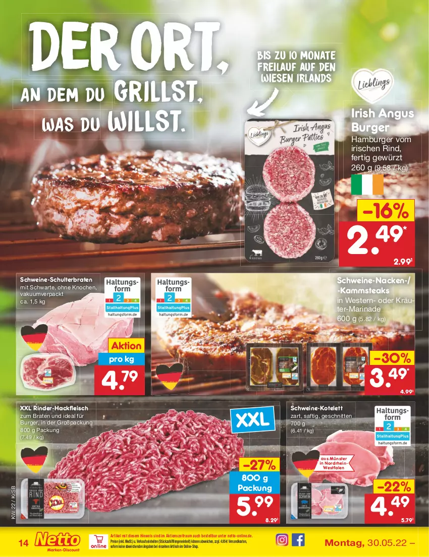 Aktueller Prospekt Netto Marken-Discount - Filial-Angebote - von 30.05 bis 04.06.2022 - strona 14 - produkty: braten, burger, eis, fleisch, gewürz, grill, hackfleisch, hamburger, kotelett, kräuter, marinade, ndk, oder kräuter, reis, rind, rinder, rinder-hackfleisch, saft, schnitten, schwein, schweine, steak, steaks, Ti, wein, weine, Weste