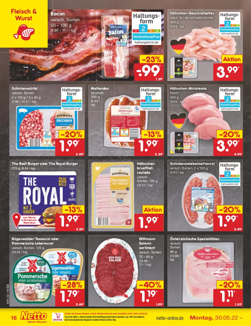 Aktueller Prospekt Netto Marken-Discount - Filial-Angebote - von 30.05 bis 04.06.2022 - strona 16 - produkty: bacon, beef, brustfilet, burger, eis, elle, filet, fleisch, geschnetzeltes, hähnchenbrust, hähnchenbrustfilet, küche, leberwurst, Mett, metten, Mettenden, mettwurst, natur, ndk, Pommersche, reis, rügenwalder, salami, schinken, Spezi, steak, steaks, tee, teewurst, Ti, wiltmann, würfel, wurst, Zelt, zwiebel, zwiebelmettwurst