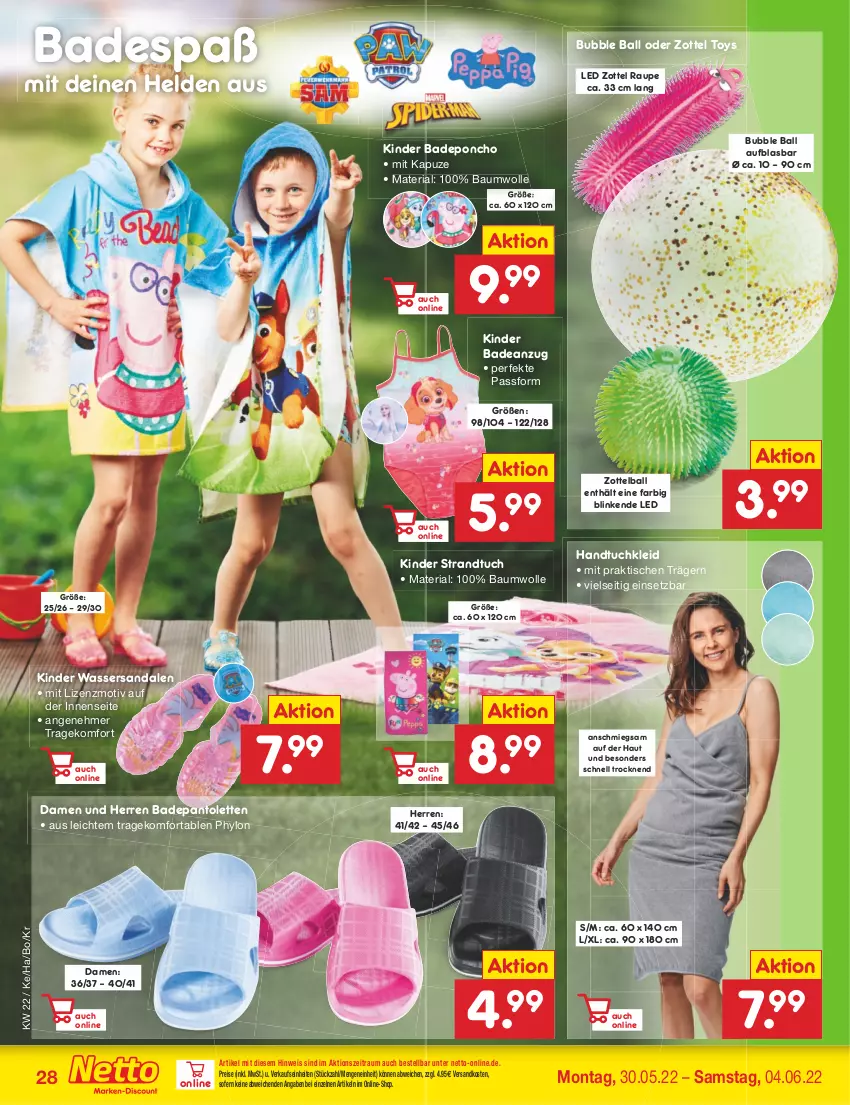 Aktueller Prospekt Netto Marken-Discount - Filial-Angebote - von 30.05 bis 04.06.2022 - strona 28 - produkty: Anzug, Bad, badeanzug, ball, Bau, baumwolle, eis, handtuch, Hylo, Kinder, kleid, ndk, pantolette, pantoletten, reis, Ria, sandale, sandalen, strandtuch, Ti, tisch, tuc, wasser, wolle, zott