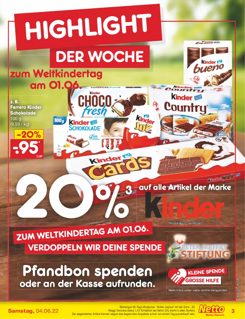 Aktueller Prospekt Netto Marken-Discount - Filial-Angebote - von 30.05 bis 04.06.2022 - strona 3 - produkty: angebot, bestpreis, eis, ferrero, joghur, joghurt, joghurt mit der ecke, Kinder, kinder schokolade, leine, maggi, Müller, reis, Salsa, schoko, schokolade, texicana, Texicana Salsa, Ti, ZTE