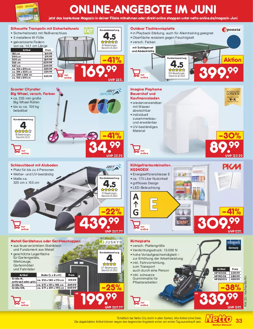 Aktueller Prospekt Netto Marken-Discount - Filial-Angebote - von 30.05 bis 04.06.2022 - strona 33 - produkty: angebot, angebote, auer, Bau, Bauer, beleuchtung, eis, Garten, gartenmöbel, gefrierkombination, gin, HP, Kaufmanns, latte, led-beleuchtung, LG, magazin, möbel, pflaster, reis, Ria, Roller, rwe, schlauch, scooter, Sport, Ti, tisch, Trampolin, wasser, werkzeug, werkzeuge, ZTE