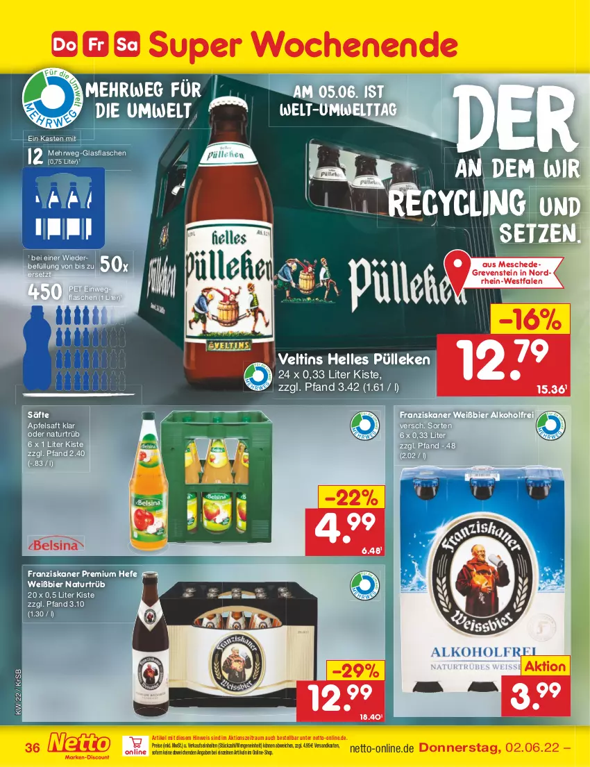 Aktueller Prospekt Netto Marken-Discount - Filial-Angebote - von 30.05 bis 04.06.2022 - strona 36 - produkty: alkohol, apfel, apfelsaft, bier, Clin, eis, elle, flasche, franziskaner, glasflasche, Hefe, natur, ndk, reis, rwe, saft, säfte, Ti, veltins