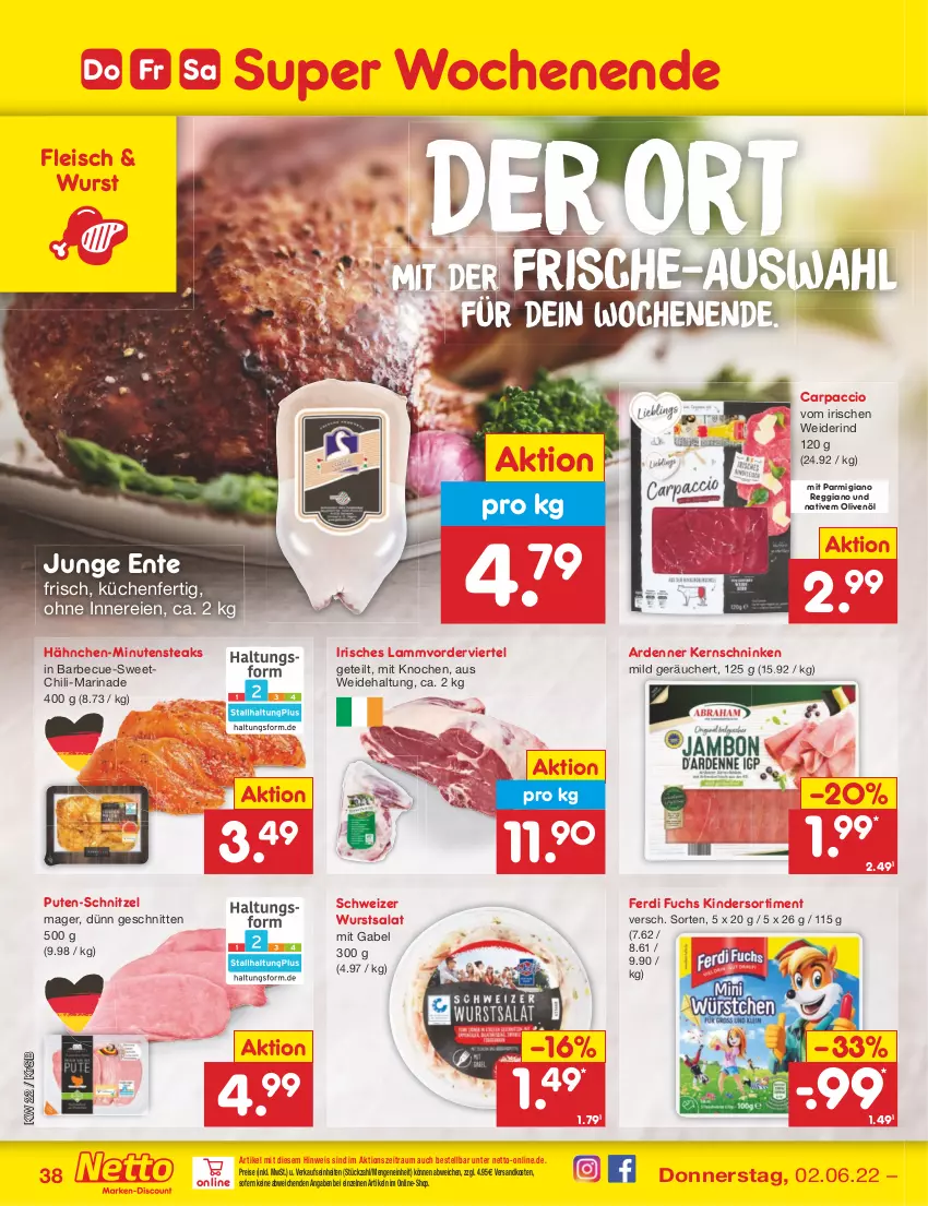 Aktueller Prospekt Netto Marken-Discount - Filial-Angebote - von 30.05 bis 04.06.2022 - strona 38 - produkty: ACC, barbecue, Carpaccio, chili, eis, ente, ferdi fuchs, fleisch, gabel, Kinder, küche, Küchen, lamm, marinade, minutensteaks, ndk, olive, oliven, olivenöl, parmigiano, parmigiano reggiano, pute, reggiano, reis, rind, salat, schnitten, schnitzel, steak, steaks, Ti, wurst