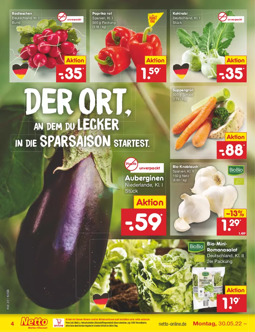 Aktueller Prospekt Netto Marken-Discount - Filial-Angebote - von 30.05 bis 04.06.2022 - strona 4 - produkty: asti, aubergine, auberginen, bio, eis, gin, knoblauch, kohlrabi, ndk, paprika, paprika rot, radieschen, reis, Romanasalat, salat, Schal, Schale, suppe, suppen, Ti