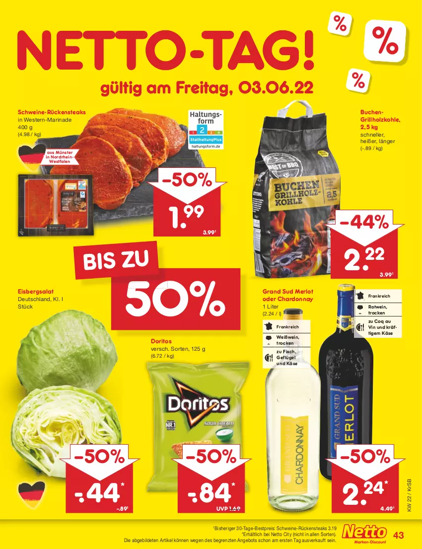 Aktueller Prospekt Netto Marken-Discount - Filial-Angebote - von 30.05 bis 04.06.2022 - strona 43 - produkty: angebot, bestpreis, buch, chardonnay, Doritos, eis, eisbergsalat, elle, fisch, Geflügel, grand sud, grill, grillholzkohle, Holz, holzkohle, Käse, marinade, merl, merlot, reis, rotwein, Rückensteak, rückensteaks, salat, schwein, schweine, steak, steaks, Ti, wein, weine, Weißwein, Weste, ZTE