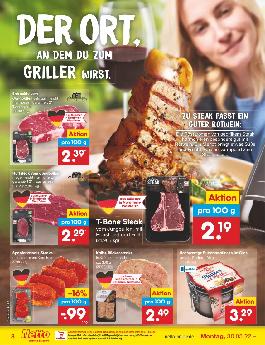 Aktueller Prospekt Netto Marken-Discount - Filial-Angebote - von 30.05 bis 04.06.2022 - strona 8 - produkty: beef, butter, eis, entrecôte, filet, frucht, grill, hüftsteak, jungbullen, kräuter, marinade, merl, merlot, ndk, reis, ring, roastbeef, rotwein, Rückensteak, rückensteaks, steak, steaks, T-Bone Steak, Ti, wein