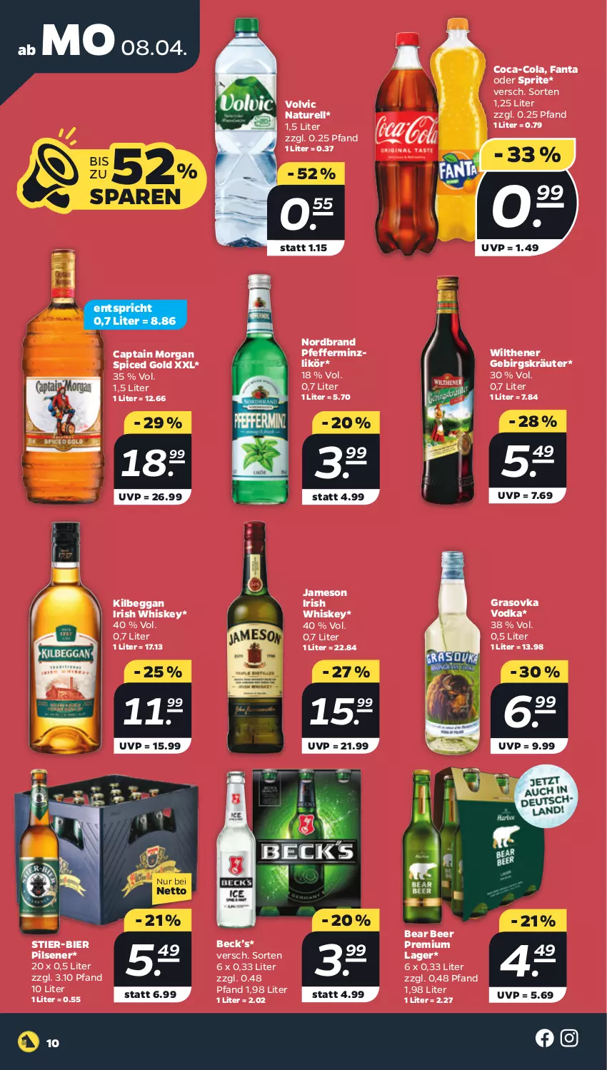 Aktueller Prospekt Netto - Woche 15 - von 08.04 bis 13.04.2024 - strona 10 - produkty: bier, Cap, captain morgan, coca-cola, cola, fanta, fanta oder, fanta oder sprite, irish whiskey, jameson, kilbeggan, kräuter, likör, natur, nordbrand, oder sprite, pfeffer, pfefferminzlikör, pils, pilsener, rel, sprite, Stier, Ti, vodka, volvic, whiskey, wilthener