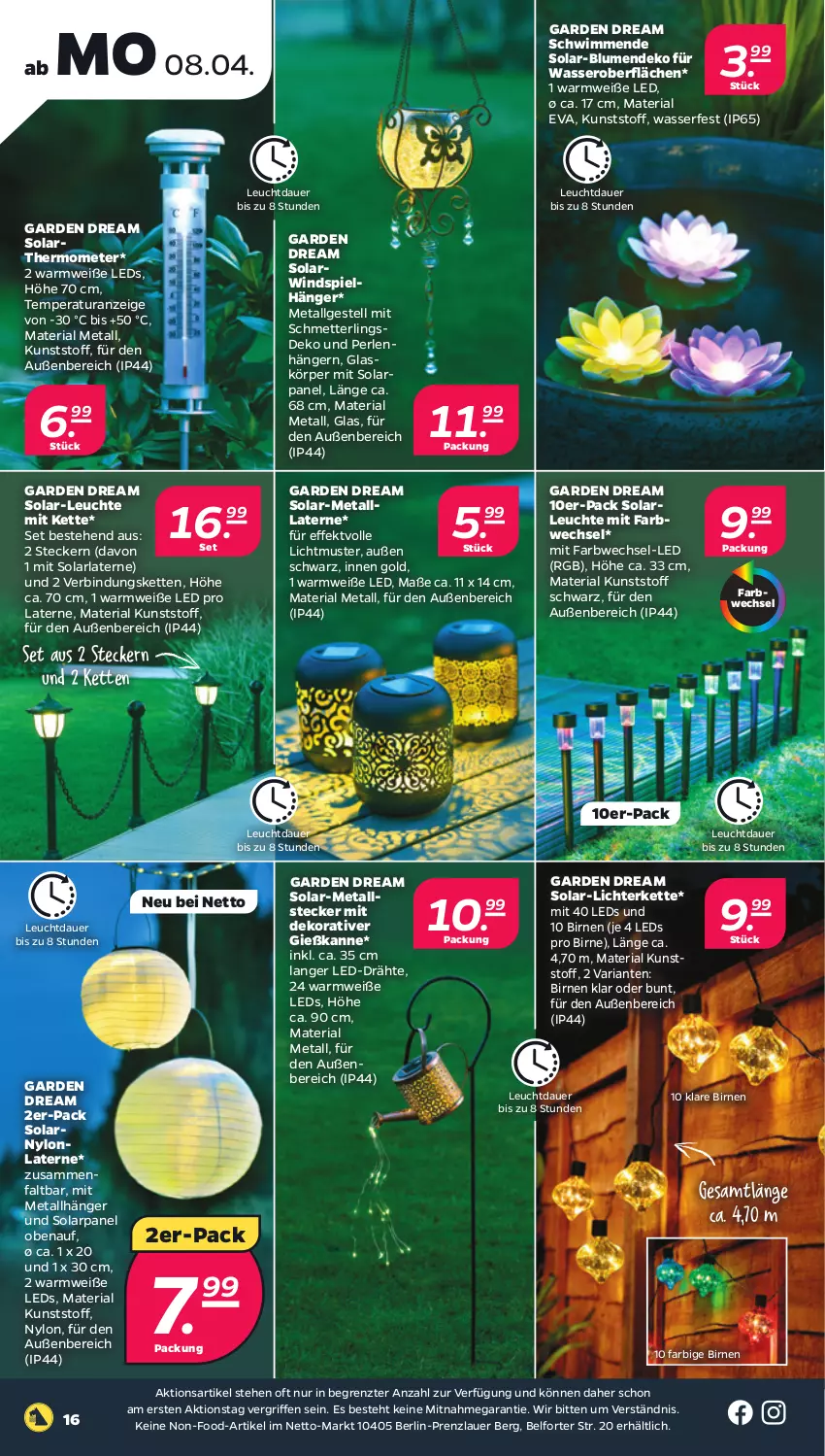 Aktueller Prospekt Netto - Woche 15 - von 08.04 bis 13.04.2024 - strona 16 - produkty: arla, auer, Birnen, blume, blumen, Gießkanne, Kette, laterne, leds, Leuchte, LG, lichterkette, Mett, perlen, Ria, Schmetterling, solarleuchte, thermometer, Ti, wasser, ZTE