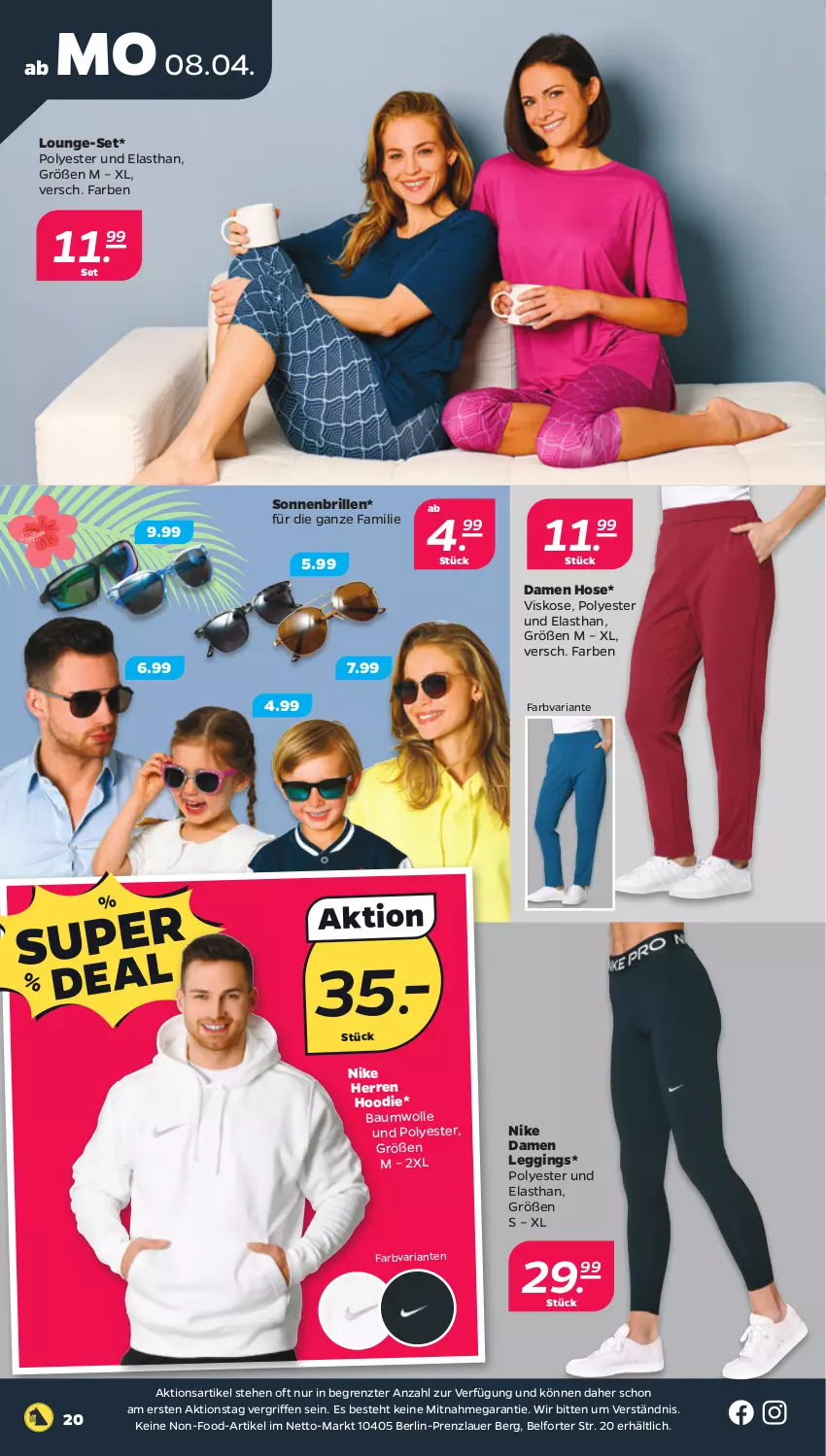 Aktueller Prospekt Netto - Woche 15 - von 08.04 bis 13.04.2024 - strona 20 - produkty: auer, Bau, baumwolle, Brille, gin, hose, leggings, lounge-set, Nike, Ria, sonnenbrille, Ti, wolle, ZTE