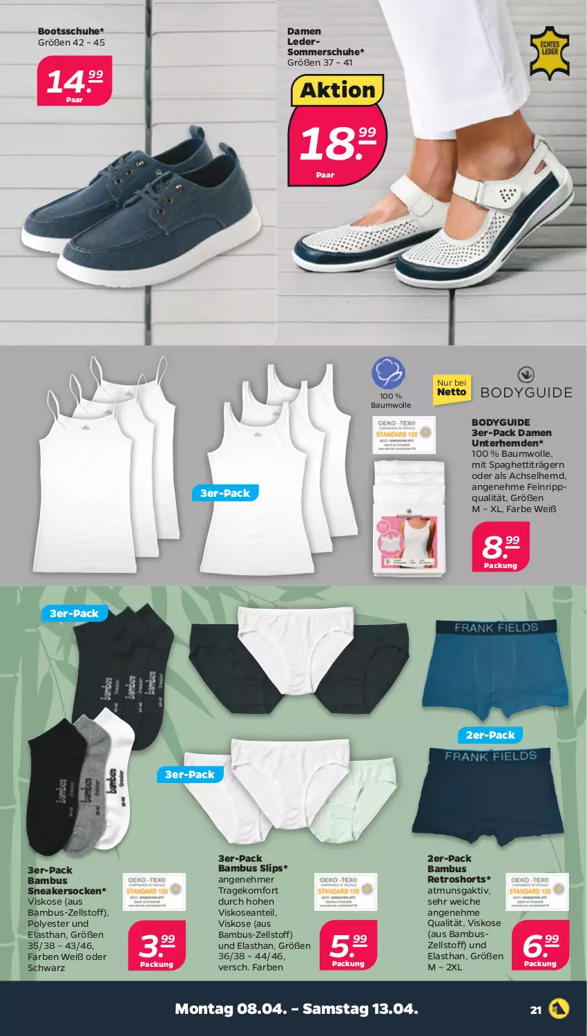 Aktueller Prospekt Netto - Woche 15 - von 08.04 bis 13.04.2024 - strona 21 - produkty: achselhemd, bambus, Bau, baumwolle, body, hemd, hemden, retroshorts, schuhe, shorts, slip, slips, sneaker, sneakersocken, socken, spaghetti, Ti, Unterhemd, unterhemden, wolle