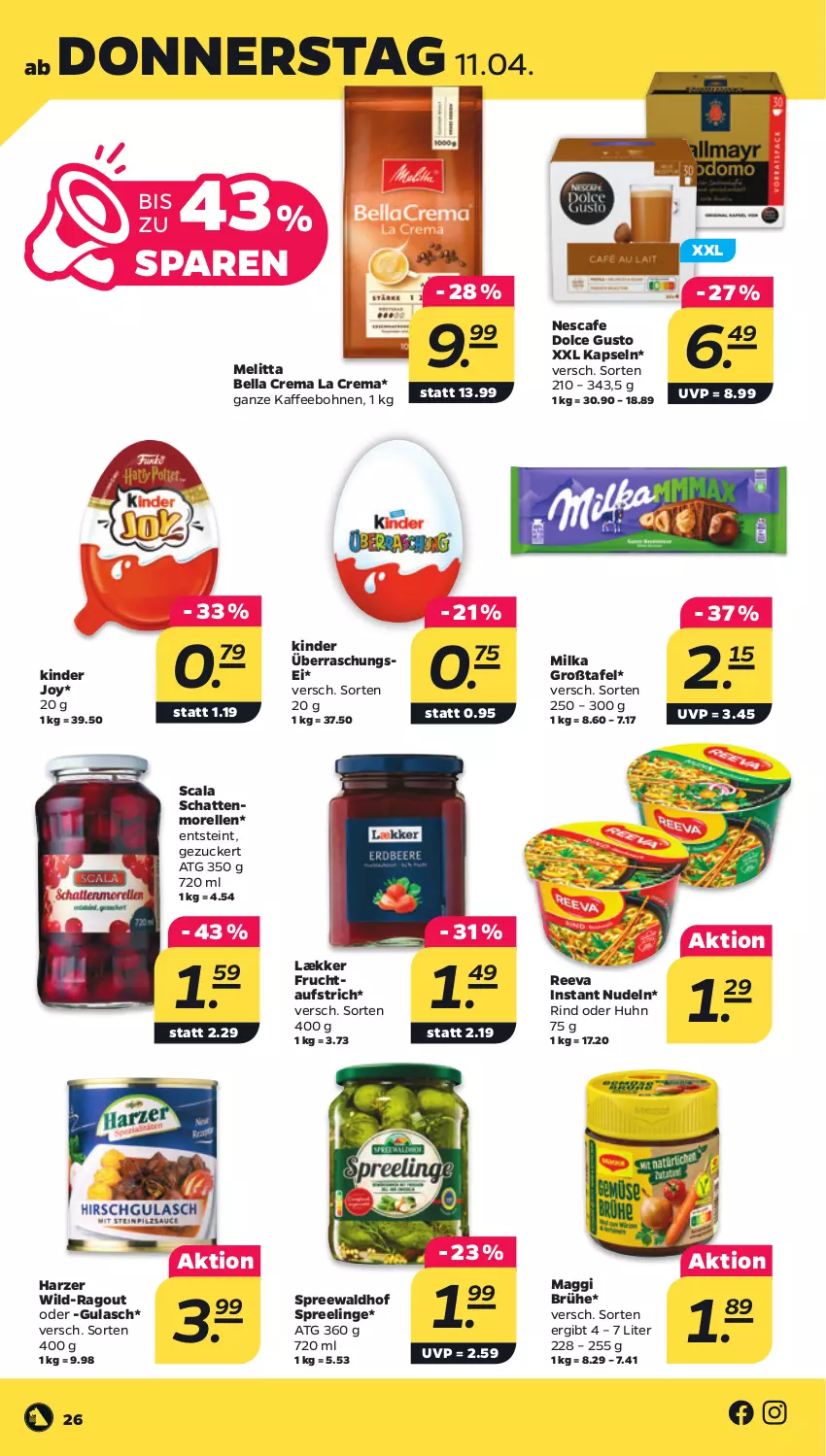 Aktueller Prospekt Netto - Woche 15 - von 08.04 bis 13.04.2024 - strona 26 - produkty: aufstrich, bella crema, bohne, bohnen, Brühe, dolce gusto, elle, frucht, fruchtaufstrich, gulasch, kaffee, kaffeebohnen, Kinder, maggi, melitta, milka, morellen, nescafe, nudel, nudeln, Ragout, rel, rind, schattenmorellen, spreewaldhof, Ti, Wild, zucker