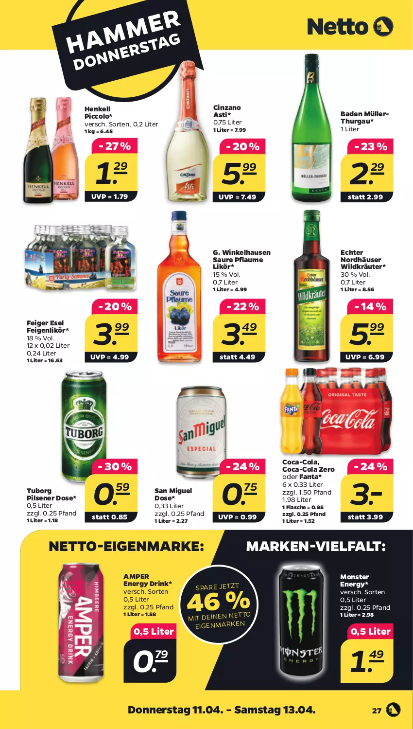 Aktueller Prospekt Netto - Woche 15 - von 08.04 bis 13.04.2024 - strona 27 - produkty: asti, Bad, cin, cinzano, Cinzano Asti, coca-cola, cola, drink, energy drink, fanta, Feigen, flasche, henkel, henkell, kräuter, likör, monster, Monster Energy, Müller, pflaume, pils, pilsener, Ti, Wild, winkelhausen