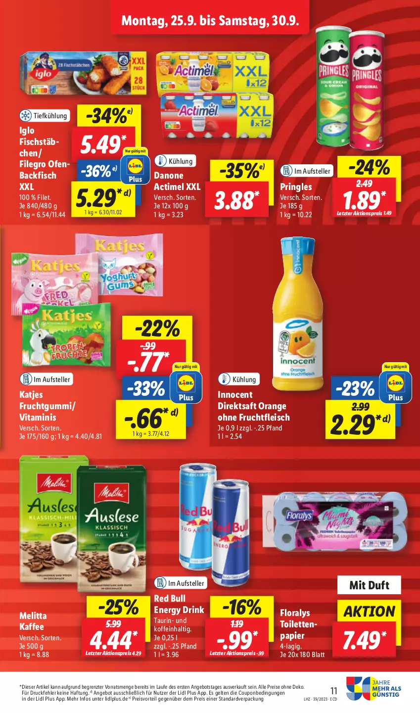 Aktueller Prospekt Lidl - Aktionsprospekt - von 25.09 bis 30.09.2023 - strona 11 - produkty: actimel, aktionspreis, angebot, backfisch, coupon, danone, direktsaft, drink, eis, elle, filegro, fisch, fischstäbchen, frucht, fruchtgummi, iglo, Innocent, kaffee, melitta, Ofen, orange, papier, preisvorteil, pringles, red bull, reis, ring, saft, teller, Ti, toilettenpapier, vita, ZTE