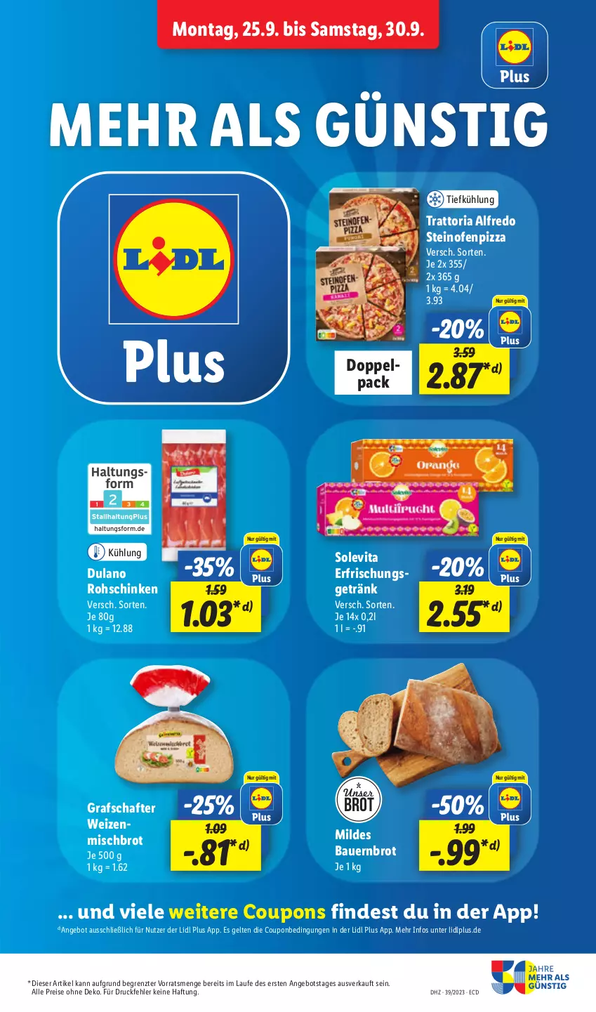 Aktueller Prospekt Lidl - Aktionsprospekt - von 25.09 bis 30.09.2023 - strona 13 - produkty: angebot, auer, Bau, Bauer, brot, coupon, coupons, dulano, eis, erfrischungsgetränk, getränk, grafschafter, Ofen, pizza, reis, Ria, rohschinken, schinken, steinofen, Ti, vita, weizenmischbrot, ZTE