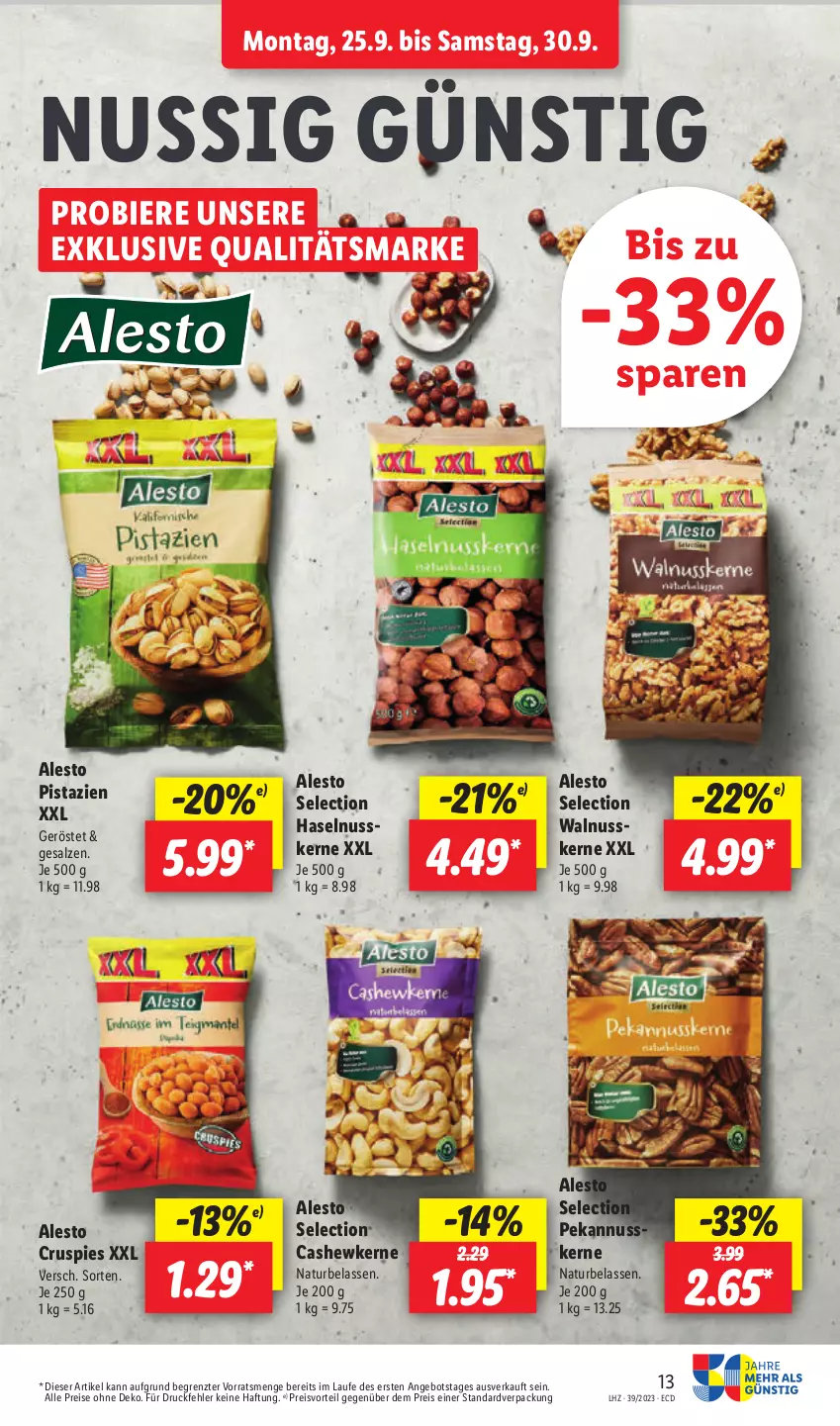 Aktueller Prospekt Lidl - Aktionsprospekt - von 25.09 bis 30.09.2023 - strona 17 - produkty: alesto, angebot, bier, Biere, eis, haselnuss, natur, nuss, pistazien, preisvorteil, reis, salz, Ti, walnuss, walnusskerne, ZTE