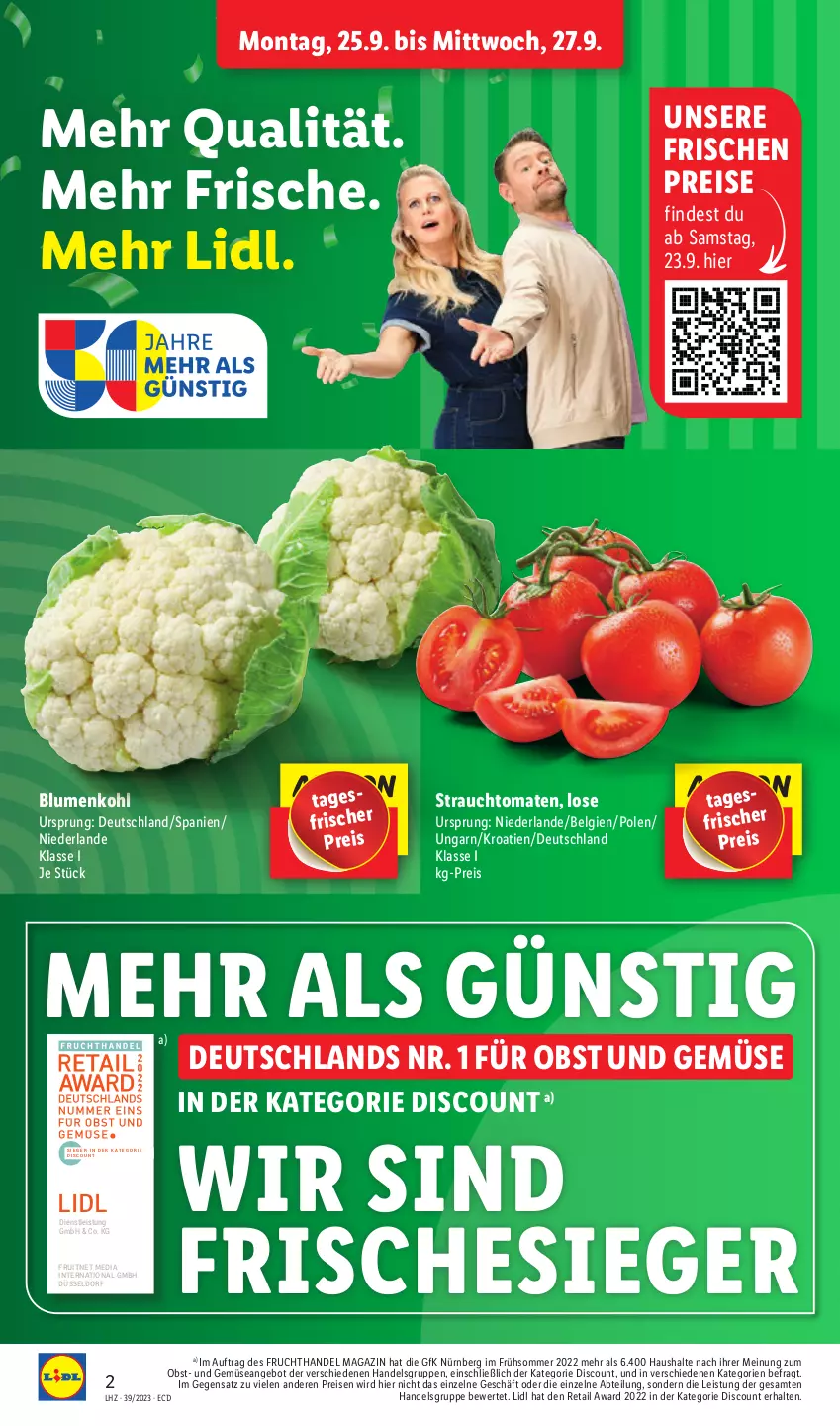 Aktueller Prospekt Lidl - Aktionsprospekt - von 25.09 bis 30.09.2023 - strona 2 - produkty: Abtei, angebot, blume, blumen, blumenkohl, discount, eis, ente, LG, magazin, obst, Rauch, reis, strauchtomaten, Ti, tomate, tomaten, und gemüse