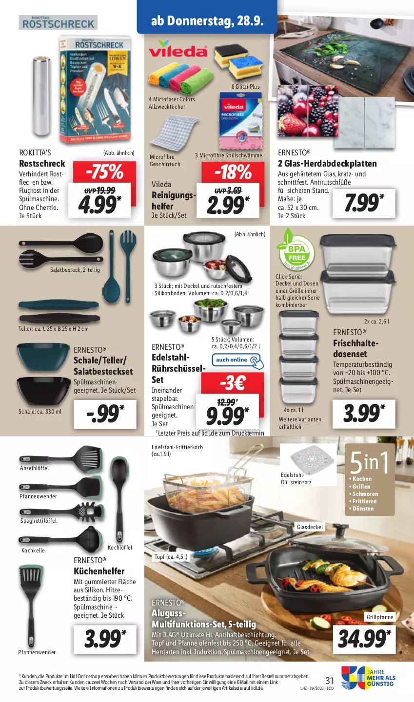 Aktueller Prospekt Lidl - Aktionsprospekt - von 25.09 bis 30.09.2023 - strona 39 - produkty: besteck, besteckset, edelstahl, elle, frischhaltedosen, grill, küche, Küchen, Küchenhelfer, latte, Reinigung, rostschreck, Rührschüssel, salat, Schal, Schale, schüssel, teller, Ti, Tiere