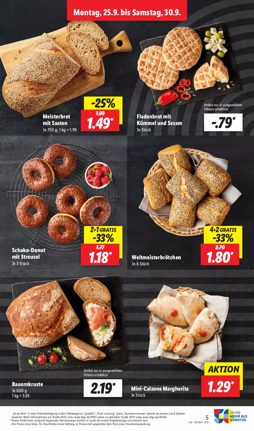 Aktueller Prospekt Lidl - Aktionsprospekt - von 25.09 bis 30.09.2023 - strona 5 - produkty: angebot, auer, Bau, Bauer, brot, Donut, eis, elle, Fladenbrot, margherita, Meister, preisvorteil, reis, schoko, sesam, Ti, ZTE