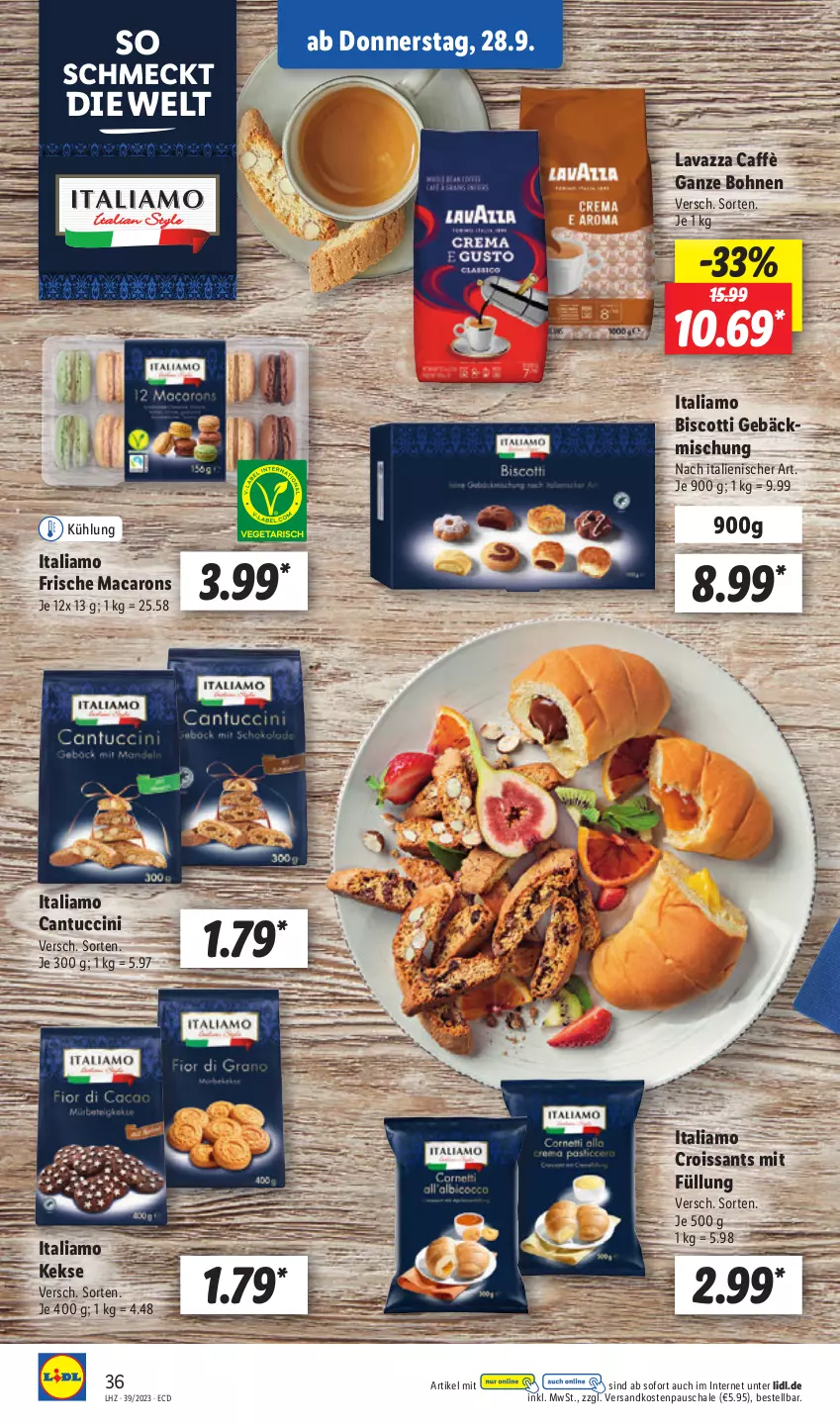 Aktueller Prospekt Lidl - Aktionsprospekt - von 25.09 bis 30.09.2023 - strona 52 - produkty: bohne, bohnen, cantuccini, cin, Croissant, croissants, gebäckmischung, italiamo, keks, kekse, lavazza, mac, Macarons, ndk, Schal, Schale, Ti, tuc