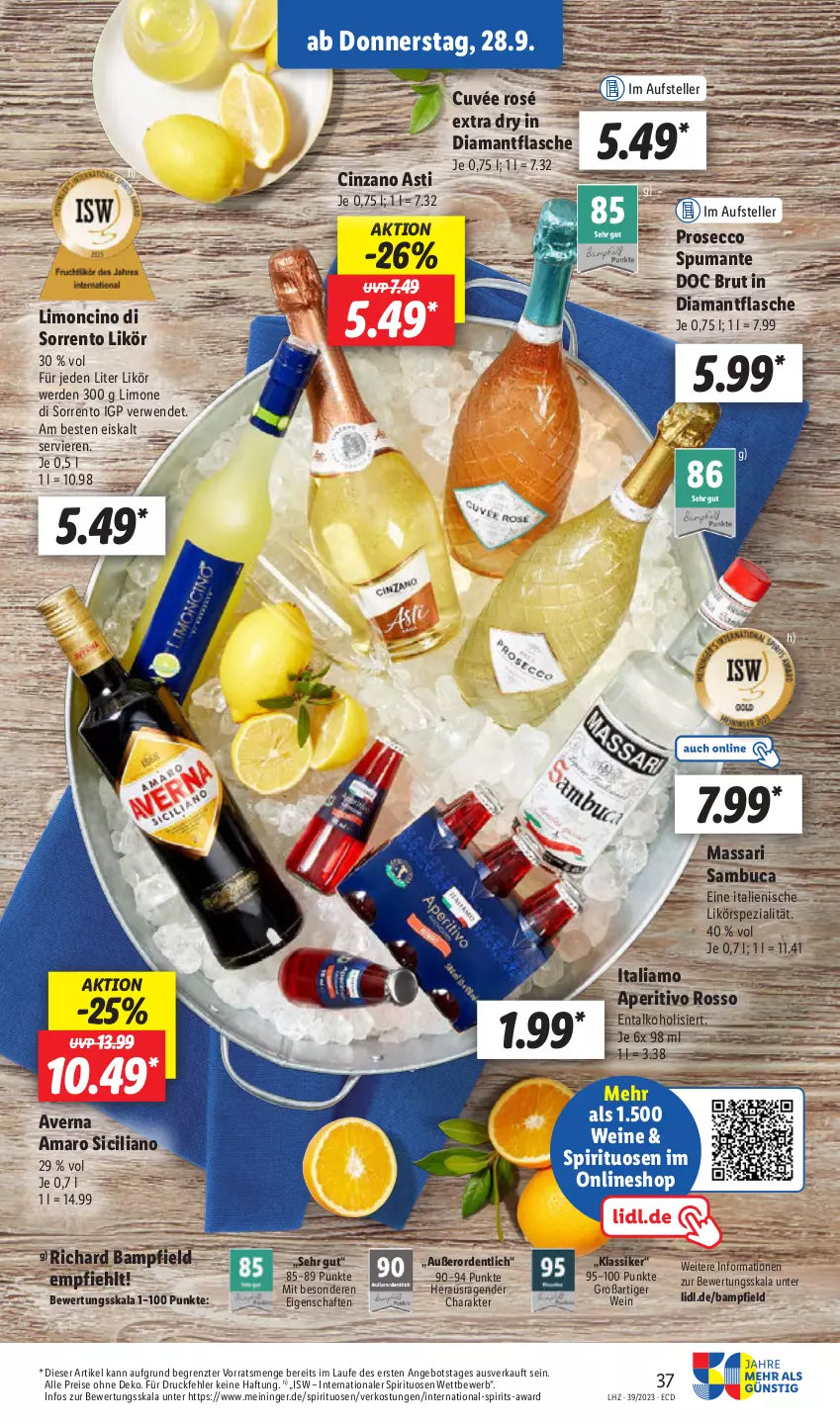 Aktueller Prospekt Lidl - Aktionsprospekt - von 25.09 bis 30.09.2023 - strona 53 - produkty: alkohol, amaro, angebot, asti, averna, brut, cin, cinzano, Cinzano Asti, ecco, eis, elle, erde, italiamo, limo, prosecco, puma, reis, rwe, sambuca, Spezi, spirituosen, spumante, teller, Ti, wein, ZTE