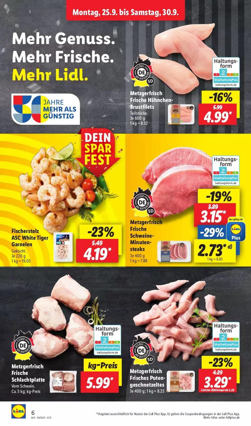 Aktueller Prospekt Lidl - Aktionsprospekt - von 25.09 bis 30.09.2023 - strona 6 - produkty: aktionspreis, angebot, brustfilet, coupon, eis, filet, filets, fisch, fische, Fischer, Frische Hähnchen, garnelen, geschnetzeltes, hähnchenbrust, hähnchenbrustfilet, latte, minutensteaks, ndk, nuss, pute, Putengeschnetzeltes, reis, Schal, Schale, steak, steaks, Ti, Zelt, ZTE