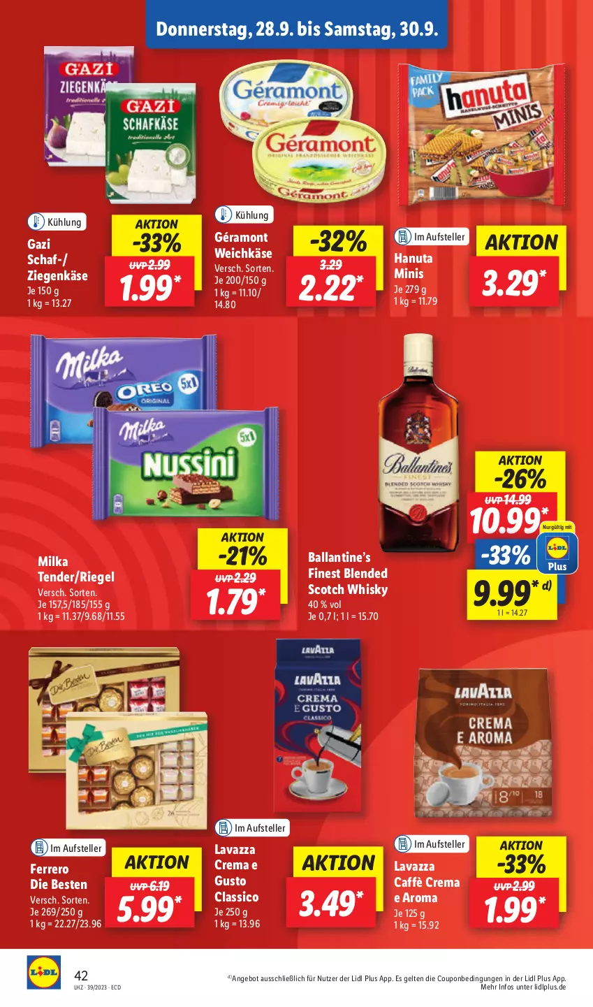 Aktueller Prospekt Lidl - Aktionsprospekt - von 25.09 bis 30.09.2023 - strona 60 - produkty: elle, ferrero, hanuta, Käse, milka, riegel, scotch, teller, Ti