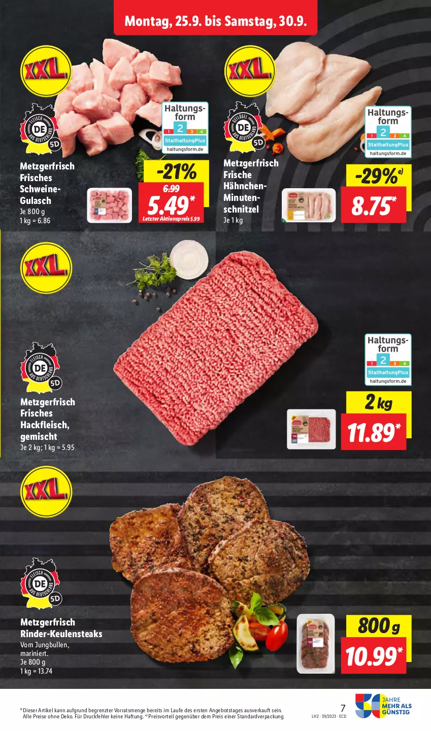 Aktueller Prospekt Lidl - Aktionsprospekt - von 25.09 bis 30.09.2023 - strona 7 - produkty: aktionspreis, eis, fleisch, Frische Hähnchen, gulasch, hackfleisch, minutenschnitzel, reis, rind, rinder, schnitzel, schwein, schweine, schweinegulasch, steak, steaks, Ti, wein, weine, ZTE