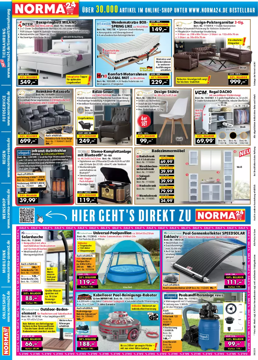 Aktueller Prospekt Norma - Norma - von 15.09 bis 02.10.2022 - strona 2 - produkty: adapter, akku, aqua, Bad, Beckenunterschrank, beleuchtung, bett, boxspringbett, braun, buch, dusche, eis, elle, erde, federkern, garnitur, Garten, gefu, getränk, getränke, getränkehalter, hochschrank, Holz, kleid, kleider, ladegerät, lautsprecher, led-beleuchtung, LG, Liege, matratze, matratzen, mit led-beleuchtung, möbel, Motorrahmen, ndk, notebook, orange, pavillon, pool, regal, Reinigung, reis, rel, ring, rückenlehne, rwe, sandfilteranlage, Schal, Schale, schläuche, Schrank, schubladen, senf, sessel, snack, Sofa, sonnenschutz, spee, spiegel, spiegelschrank, Stühl, Tasche, taschen, taschenfederkern-matratze, Ti, tiernahrung, tisch, topper, tragetasche, unterschrank, usb, Wandschrank, waschbecken, waschbeckenunterschrank, wasser, wein, weine, weinshop