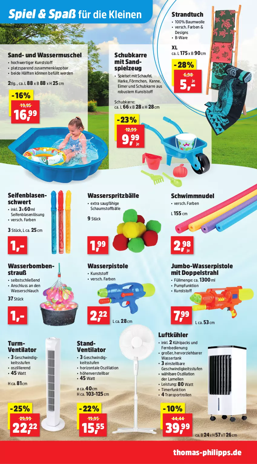 Aktueller Prospekt Thomas Philipps - von 23.06 bis 28.06.2025 - strona 3 - produkty: Bau, baumwolle, eimer, eis, elle, erde, fernbedienung, jumbo, leine, LG, nudel, Sandspielzeug, schlauch, Schwimmnudel, Seife, spielzeug, Sport, standventilator, strandtuch, Ti, timer, tuc, turmventilator, ventilator, wasser, wasserbomben, wasserpistole, Wasserschlauch, wassertank, wolle