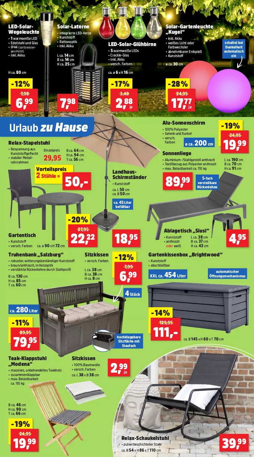 Aktueller Prospekt Thomas Philipps - von 23.06 bis 28.06.2025 - strona 5 - produkty: akku, auto, Bank, Bau, baumwolle, braun, edelstahl, eis, Garten, gartentisch, Holz, kerze, kissen, klappstuhl, Kugel, kunststoffgeflecht, laterne, LED-Kerze, leds, Leuchte, LG, Liege, Mode, reis, rel, rückenlehne, rwe, salz, Schal, Schaukel, schirmständer, sitzkissen, sonnenliege, sonnenschirm, stapelstuhl, Stühl, stuhl, Ti, tisch, vorteilspreis, wasser, wolle