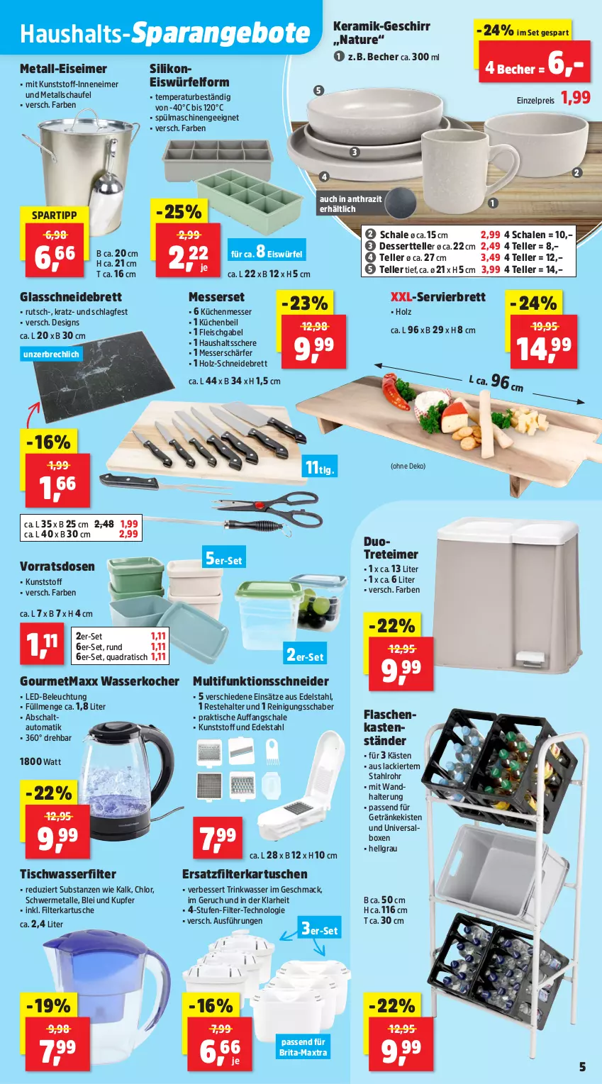Aktueller Prospekt Thomas Philipps - von 23.06 bis 28.06.2025 - strona 7 - produkty: angebot, angebote, auto, Becher, beleuchtung, brita, dessert, Dessertteller, edelstahl, eimer, eis, eiswürfel, elle, filterkartuschen, flasche, fleisch, gabel, geschirr, getränk, getränke, gourmetmaxx, Holz, Kocher, küche, Küchen, lack, led-beleuchtung, LG, mac, Maxtra, messer, Messerset, natur, quad, Reinigung, reis, Schal, Schale, Schere, schneidebrett, spartipp, spülmaschinen, teller, Ti, tisch, treteimer, wandhalterung, wasser, wasserfilter, wasserkocher, würfel