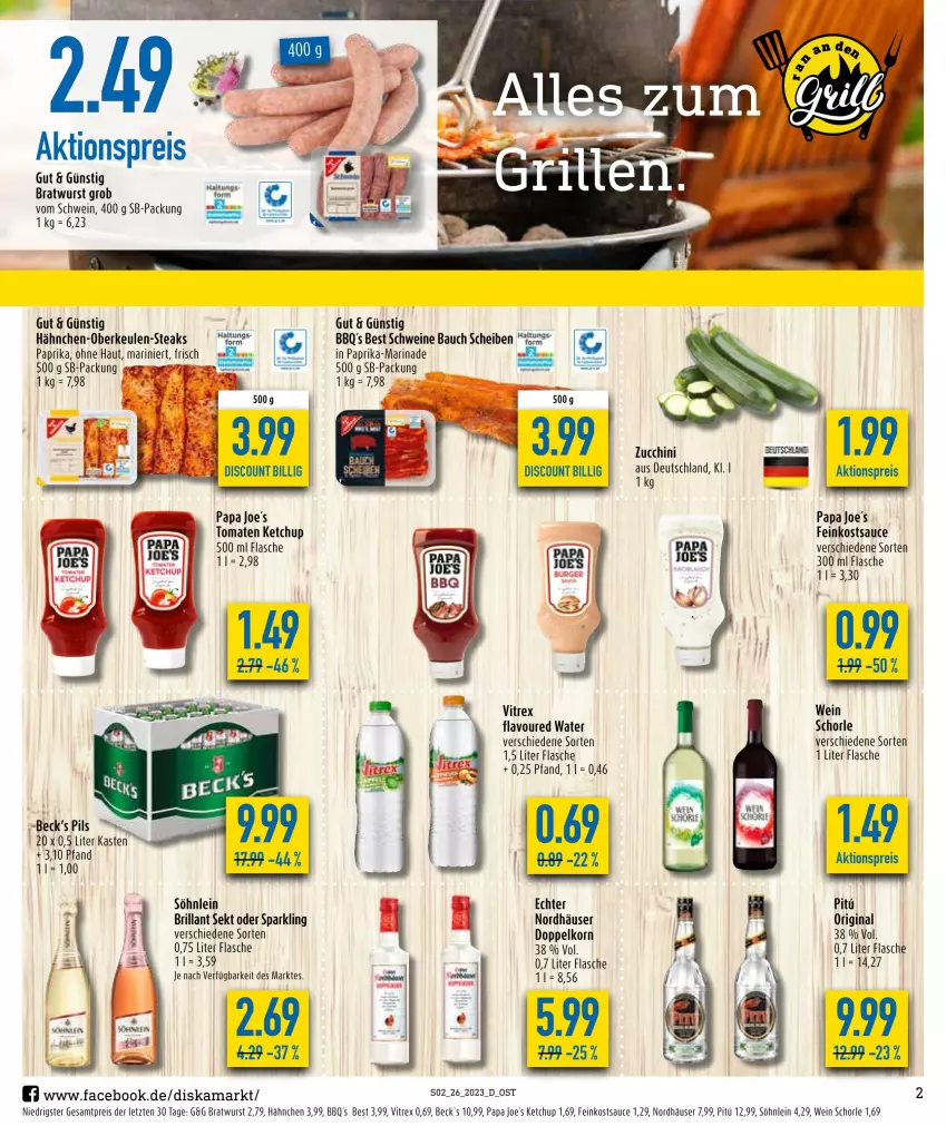 Aktueller Prospekt Diska - Prospekte - von 26.06 bis 01.07.2023 - strona 2 - produkty: aktionspreis, Bau, bratwurst, brillant sekt, doppelkorn, eis, feinkost, flasche, gin, Hähnchen-Oberkeulen, ketchup, korn, marinade, paprika, pils, reis, sauce, schorle, schuhe, schwein, schweine, sekt, söhnlein, steak, steaks, Ti, tomate, tomaten, tomaten ketchup, vitrex, wein, weine, wurst, ZTE, zucchini