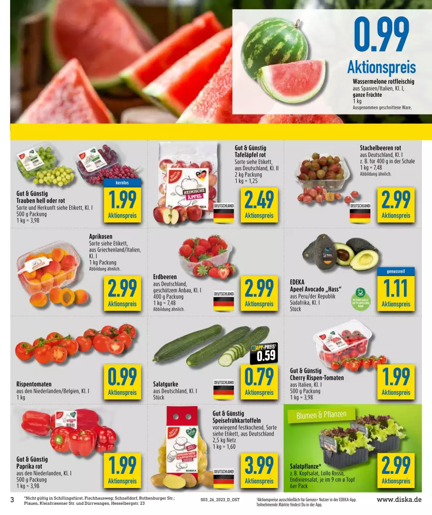 Aktueller Prospekt Diska - Prospekte - von 26.06 bis 01.07.2023 - strona 3 - produkty: aktionspreis, aprikose, aprikosen, avocado, Bau, beere, beeren, burger, deka, eier, eis, erdbeere, erdbeeren, fisch, fleisch, früchte, Frühkartoffeln, gurke, kartoffel, kartoffeln, LG, melone, nuss, paprika, paprika rot, reis, rispentomaten, salat, Salatgurke, Schal, Schale, schnitten, Schütze, speisefrühkartoffeln, Stachelbeeren, tafeläpfel, Ti, tomate, tomaten, trauben, wasser, wassermelone