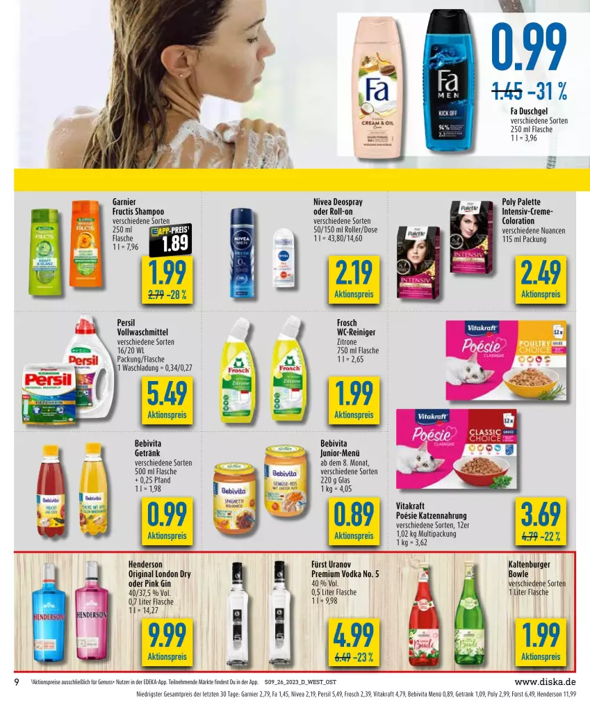 Aktueller Prospekt Diska - Prospekte - von 26.06 bis 01.07.2023 - strona 9 - produkty: aktionspreis, altenburger, bebivita, bowle, burger, creme, deka, deo, deospray, duschgel, eis, enders, fa duschgel, flasche, Frosch, fructis, garnier, getränk, gin, katzennahrung, kraft, london dry, nivea, Nuance, nuss, Palette, persil, premium vodka, reiniger, reis, roll-on, Roller, shampoo, Ti, vita, vitakraft, vodka, vollwaschmittel, waschmittel, wc-reiniger, zitrone, ZTE