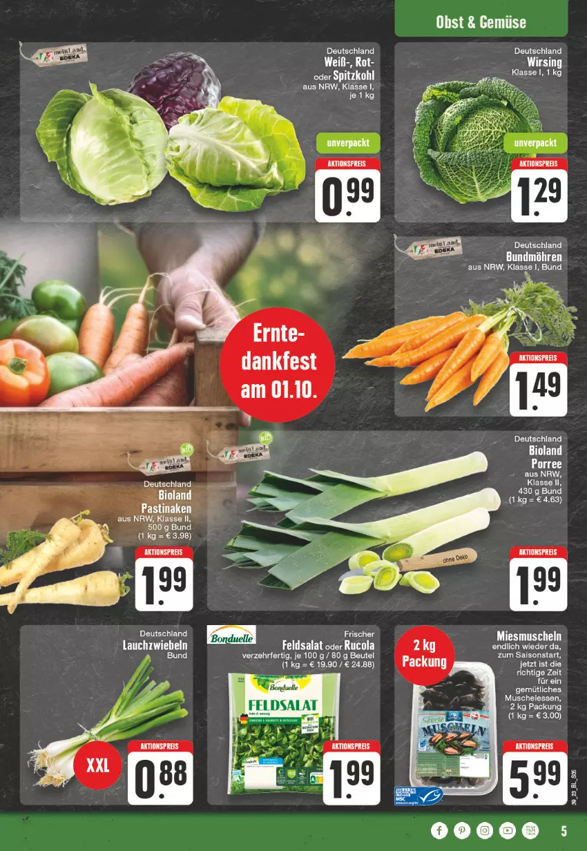 Aktueller Prospekt Edeka - Angebote der Woche - von 25.09 bis 30.09.2023 - strona 5 - produkty: aktionspreis, asti, beutel, bio, bioland, cola, eis, feldsalat, Lauchzwiebel, lauchzwiebeln, Muscheln, obst, reis, rel, rucola, salat, spitzkohl, Ti, Wirsing, zwiebel, zwiebeln