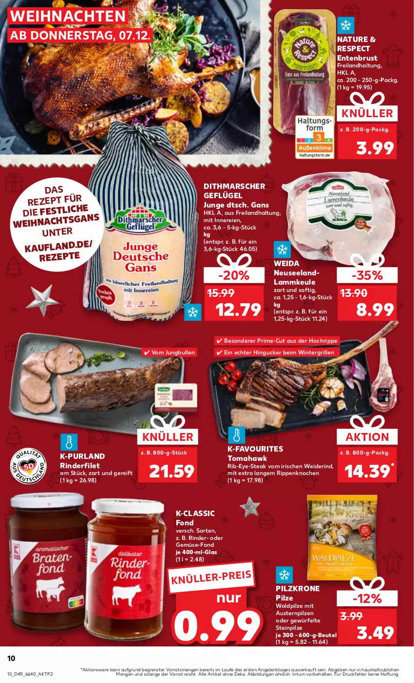 Aktueller Prospekt Kaufland - Prospekt - von 07.12 bis 13.12.2023 - strona 10 - produkty: angebot, aust, Austern, beutel, eis, Elan, ente, Entenbrust, filet, Geflügel, grill, jungbullen, krone, lamm, lammkeule, mars, natur, pilze, purland, rezept, rezepte, rind, rinder, rinderfilet, Rippen, saft, steak, Steinpilze, Ti, weihnachten, würfel, ZTE