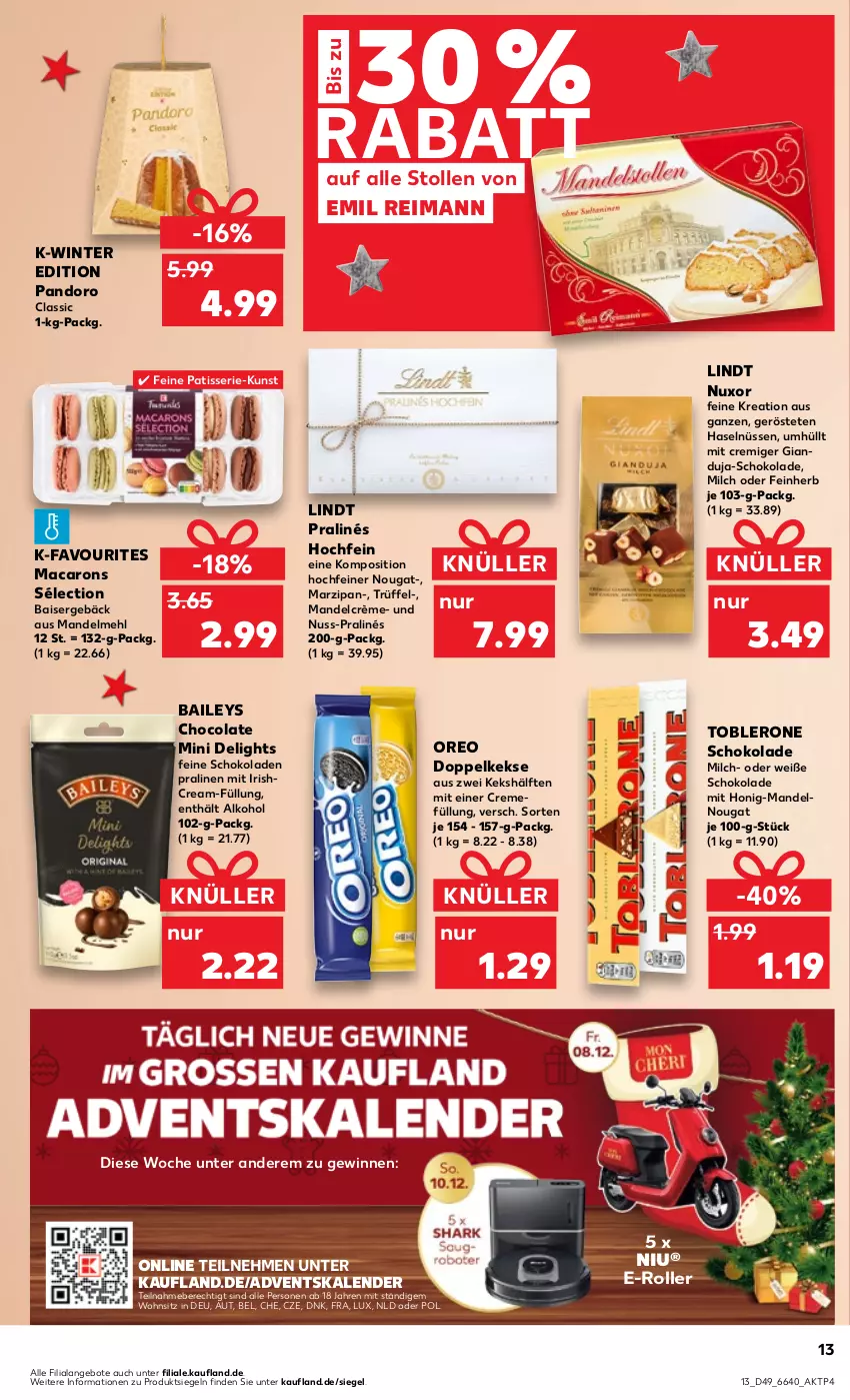 Aktueller Prospekt Kaufland - Prospekt - von 07.12 bis 13.12.2023 - strona 13 - produkty: Adventskalender, alkohol, angebot, angebote, baileys, cola, creme, Doppelkekse, E-Roller, honig, keks, kekse, lindt, mac, Macarons, mandel, mandeln, marzipan, mehl, milch, nuss, oreo, pralinen, Roller, schoko, schokolade, schokoladen, Stollen, Ti, toblerone, Trüffel, Weiße Schokolade