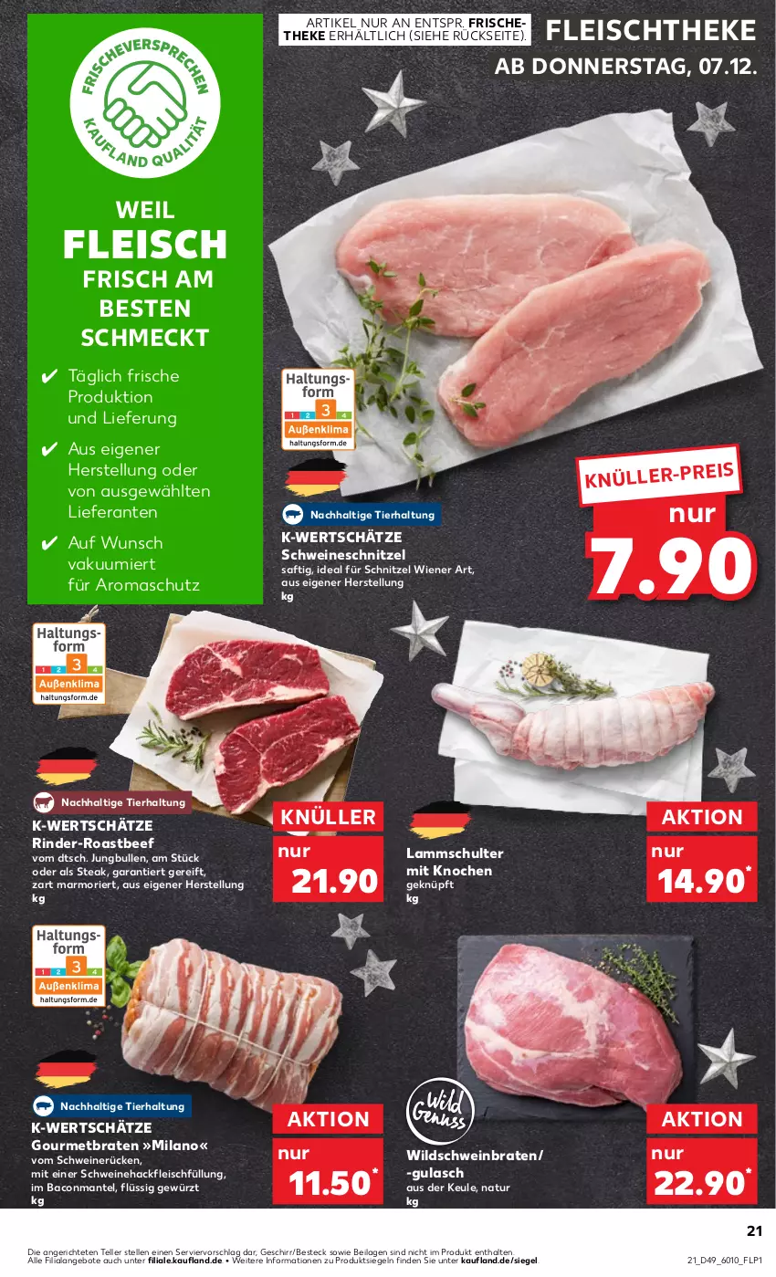 Aktueller Prospekt Kaufland - Prospekt - von 07.12 bis 13.12.2023 - strona 21 - produkty: angebot, angebote, bacon, beef, besteck, braten, eis, elle, fleisch, geschirr, gewürz, gulasch, hackfleisch, ilag, jungbullen, lamm, Mantel, natur, rind, rinder, roastbeef, saft, schnitzel, schwein, schweine, Schweinehackfleisch, schweinerücken, schweineschnitzel, steak, teller, Ti, wein, weine, wiener, Wild, Wildschwein