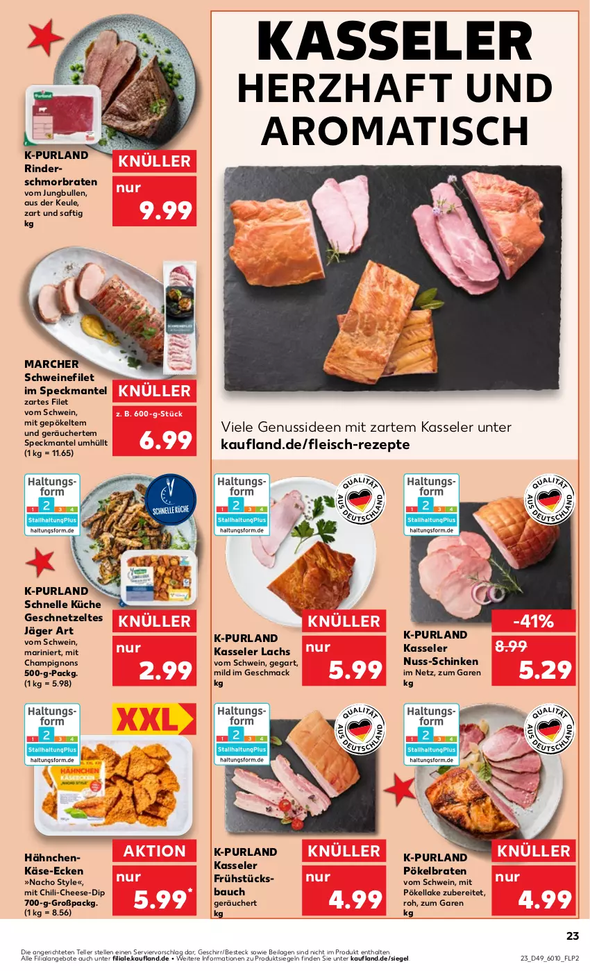 Aktueller Prospekt Kaufland - Prospekt - von 07.12 bis 13.12.2023 - strona 23 - produkty: angebot, angebote, Bau, besteck, braten, champignon, champignons, chili, dip, eis, elle, filet, fleisch, geschirr, geschnetzeltes, ilag, jungbullen, Käse, kasseler, küche, lachs, mac, Mantel, nacho, nuss, purland, rezept, rezepte, rind, rinder, saft, schinken, schmorbraten, schwein, schweine, schweinefilet, Speck, teller, Ti, tisch, wein, weine, Zelt