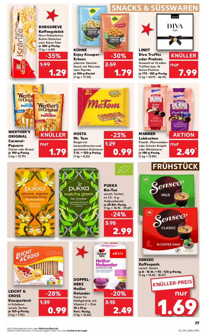 Aktueller Prospekt Kaufland - Prospekt - von 07.12 bis 13.12.2023 - strona 29 - produkty: angebot, angebote, beutel, bio, brezel, brot, butter, caramel, doppelherz, eis, erbsen, erdnüsse, erdnüssen, geback, getränk, gin, holunder, kaffee, kaffeepads, karamell, kokos, kuchen, Kühne, Lebkuchen, lindt, Manner, marmelade, meersalz, nuss, paprika, popcorn, pralinen, riegel, salz, schoko, senseo, snack, snacks, süsswaren, tee, Ti, Trüffel, vita, Vitamin C, wein, werther's