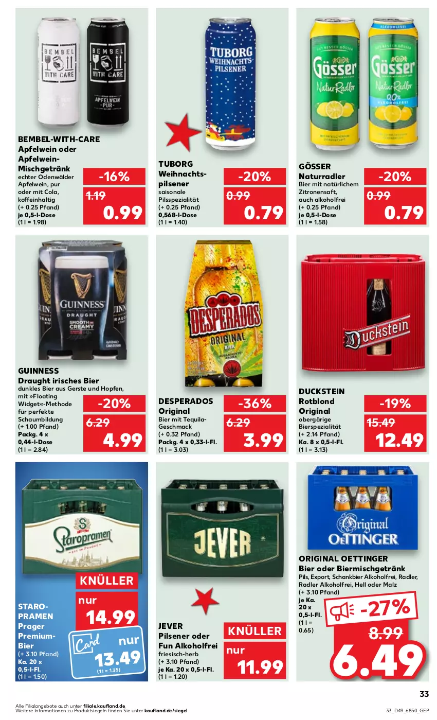 Aktueller Prospekt Kaufland - Prospekt - von 07.12 bis 13.12.2023 - strona 33 - produkty: alkohol, angebot, angebote, apfel, apfelwein, bier, cola, desperados, Duck, getränk, gin, gösser, Guinness, ilag, jever, jever pilsener, mac, malz, natur, oettinger, pils, pilsener, Premiumbier, radler, saft, Schankbier, Spezi, Staropramen, tequila, Ti, wein, zitrone, zitronen, zitronensaft