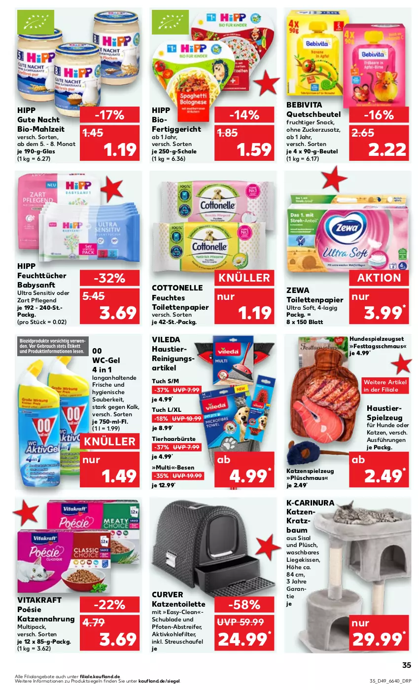 Aktueller Prospekt Kaufland - Prospekt - von 07.12 bis 13.12.2023 - strona 35 - produkty: angebot, angebote, aust, Bau, bebivita, beutel, bio, bürste, cottonelle, elle, fertiggericht, feuchtes toilettenpapier, feuchttücher, frucht, hipp, katzennahrung, kissen, kraft, Kratzbaum, Liege, Maus, papier, Plüsch, quetschbeutel, Reinigung, Schal, Schale, snack, spielzeug, Stier, Ti, toilettenpapier, tuc, tücher, vileda, vita, vitakraft, wc-gel, zewa, zucker