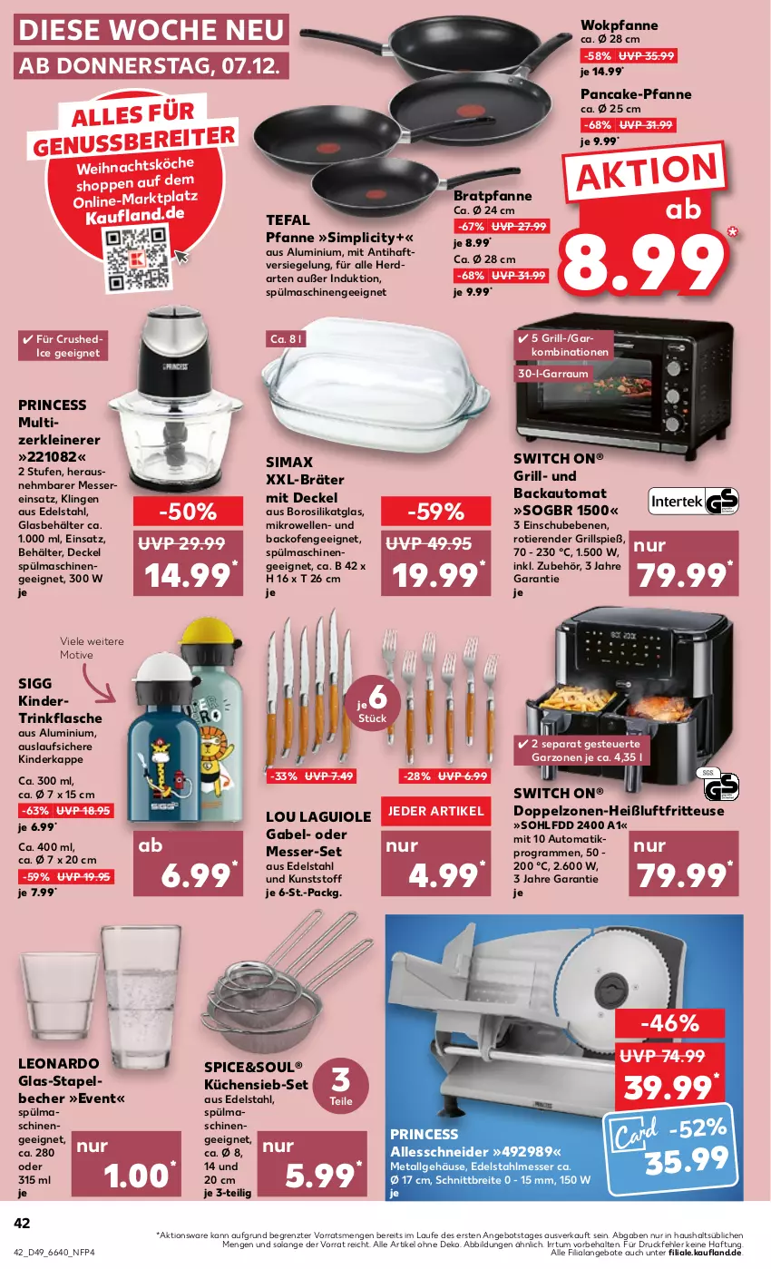 Aktueller Prospekt Kaufland - Prospekt - von 07.12 bis 13.12.2023 - strona 42 - produkty: angebot, angebote, auto, backofen, Bebe, Becher, Behälter, bratpfanne, Brei, decke, Deckel, edelstahl, edelstahlmesser, elle, flasche, fritteuse, gabel, garraum, grill, Heißluftfritteuse, herdarten, Kinder, küche, Küchen, leine, leonardo, LG, messer, mikrowelle, nuss, Ofen, pfanne, sim, spülmaschinen, tefal, Ti, Tiere, trinkflasche, wok, Zerkleinerer, ZTE