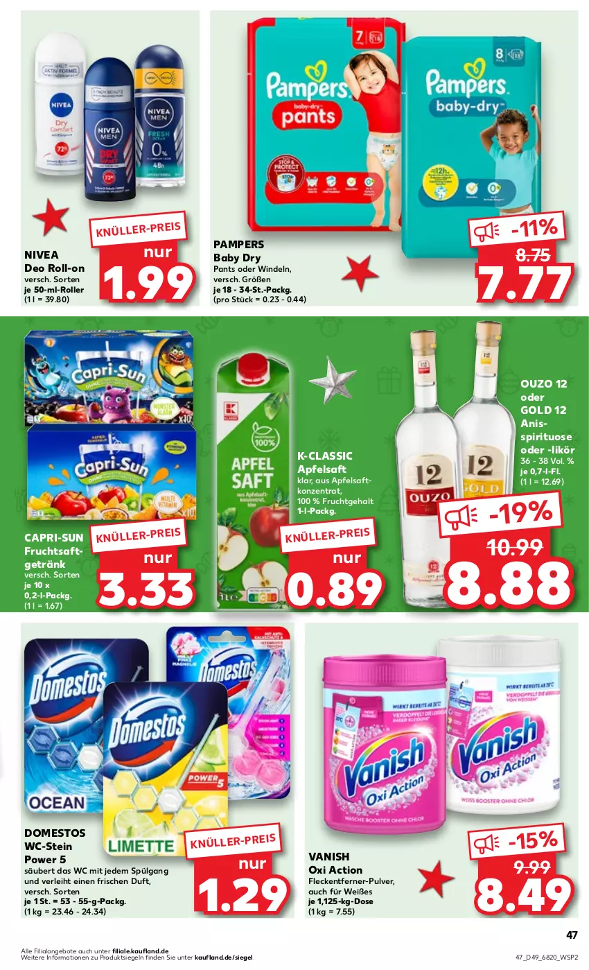 Aktueller Prospekt Kaufland - Prospekt - von 07.12 bis 13.12.2023 - strona 47 - produkty: angebot, angebote, apfel, apfelsaft, Cap, capri-sun, deo, deo roll-on, domestos, eis, fleckentferner, frucht, fruchtsaft, fruchtsaftgetränk, getränk, LG, likör, nivea, ouzo, ouzo 12, oxi action, pampers, pampers baby dry, Pants, roll-on, Roller, saft, Ti, vanish, vanish oxi action, windeln