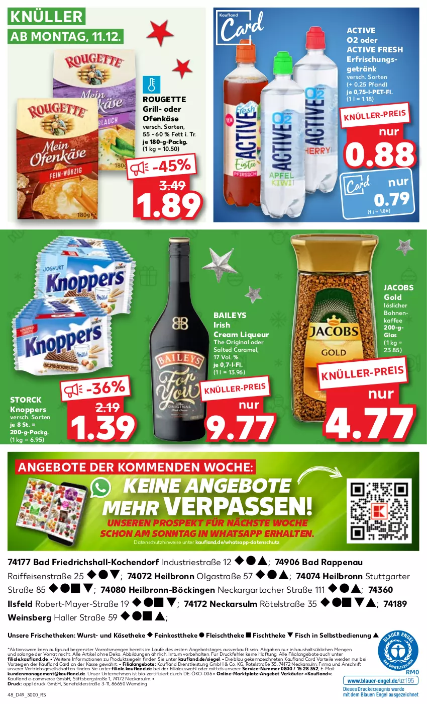 Aktueller Prospekt Kaufland - Prospekt - von 07.12 bis 13.12.2023 - strona 48 - produkty: angebot, angebote, Astra, Bad, baileys, bio, bohne, bohnen, bohnenkaffee, caramel, drucker, eis, Engel, erde, erfrischungsgetränk, feinkost, feinkosttheke, fisch, fischtheke, fleisch, getränk, gin, grill, irish cream, jacobs, Jacobs Gold, kaffee, Käse, käsetheke, kerze, knoppers, LG, liqueur, löslicher bohnenkaffee, Ofen, Ofenkäse, rouge, rougette, storck, Ti, wein, wurst, ZTE